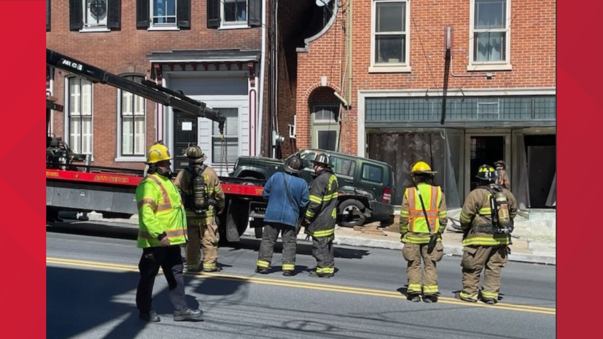 An unoccupied business and the entrance to a residence were damaged after being struck by a vehicle this morning in the York County borough.