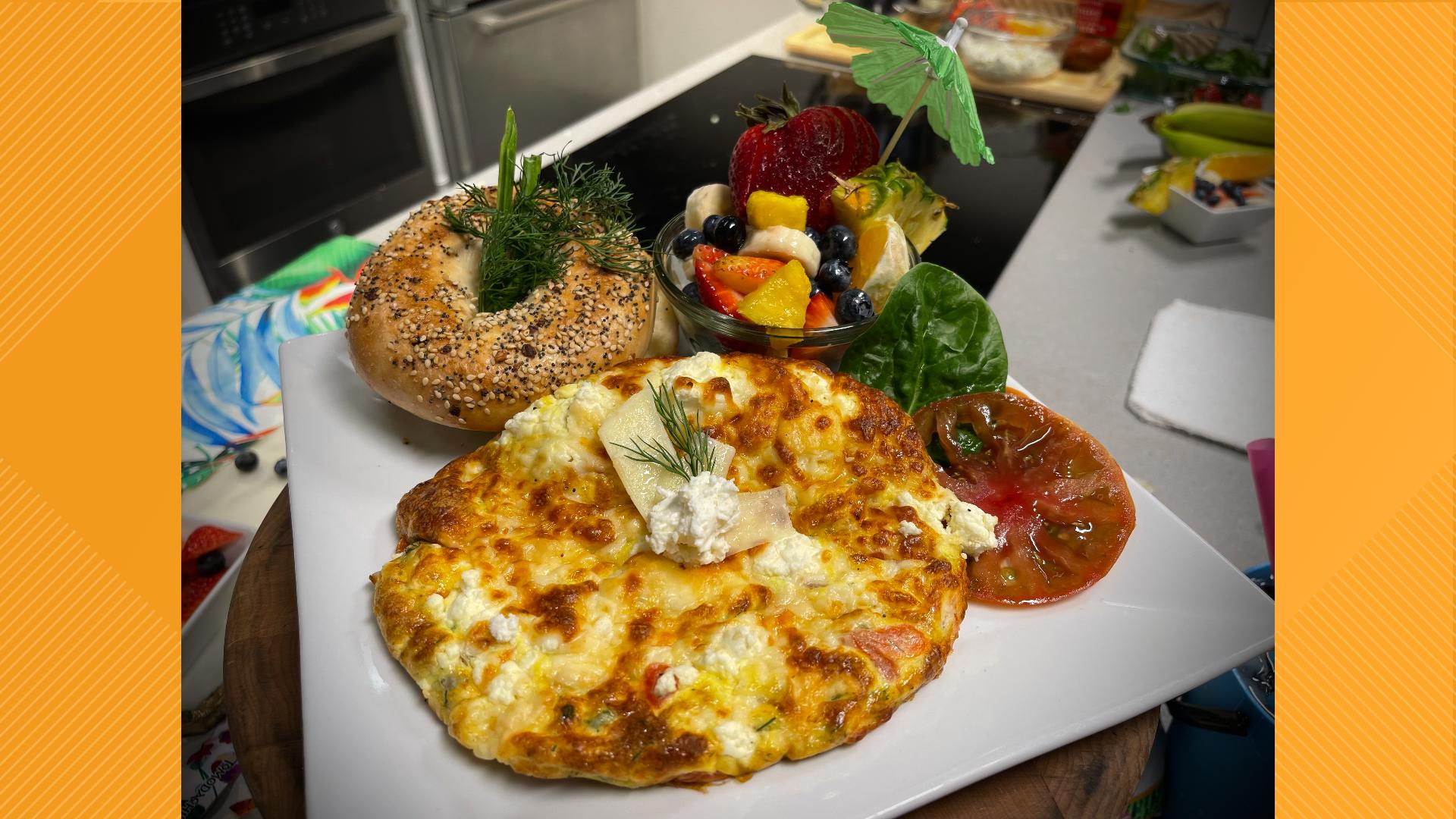 Olivia's Greek Frittata is best served with a toasty bagel topped with cream cheese, lox and capers.