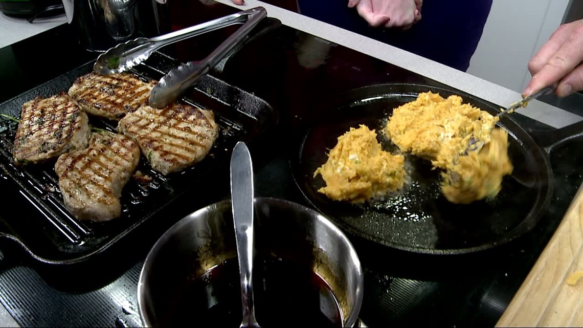 Olivia’s cooks up Seared pork chops with sweet potato pancake