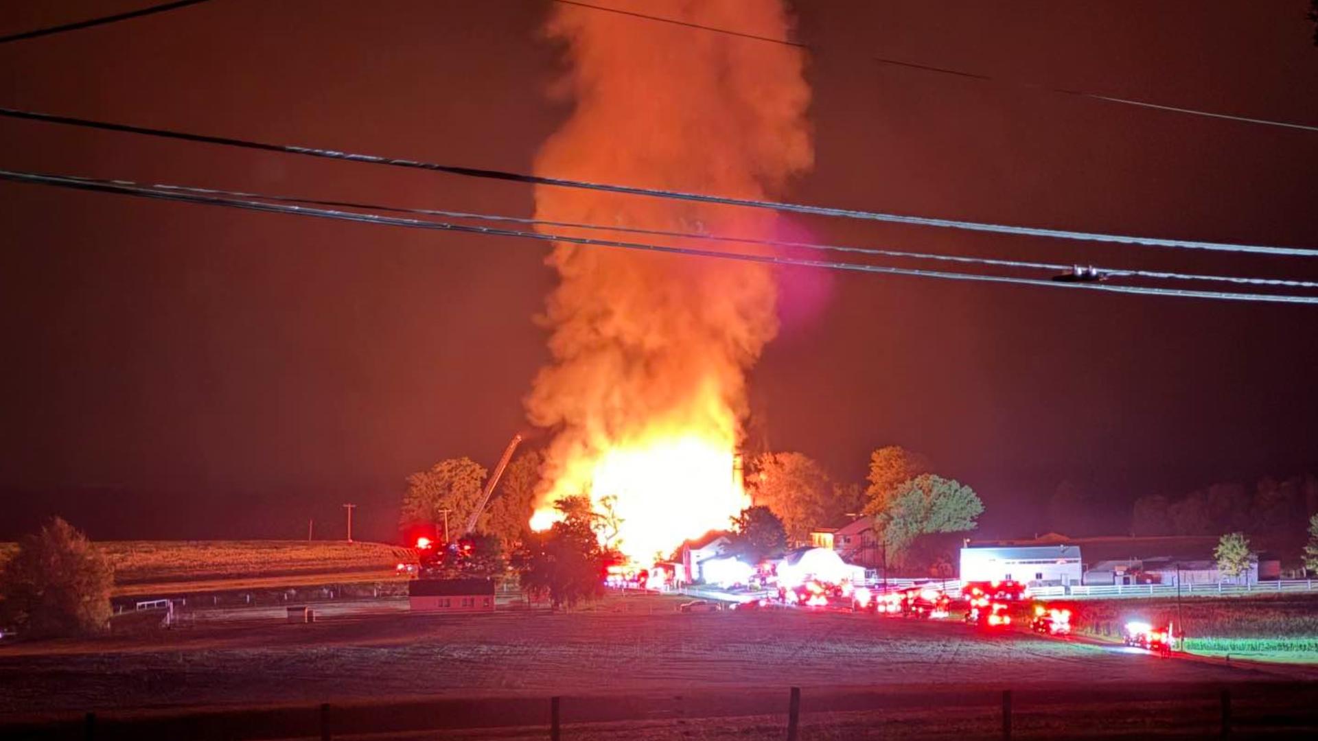 The fire started in a dairy barn on the 400 block of Vintage Road, according to Lancaster County 911 Dispatch. No people were reported to be injured.