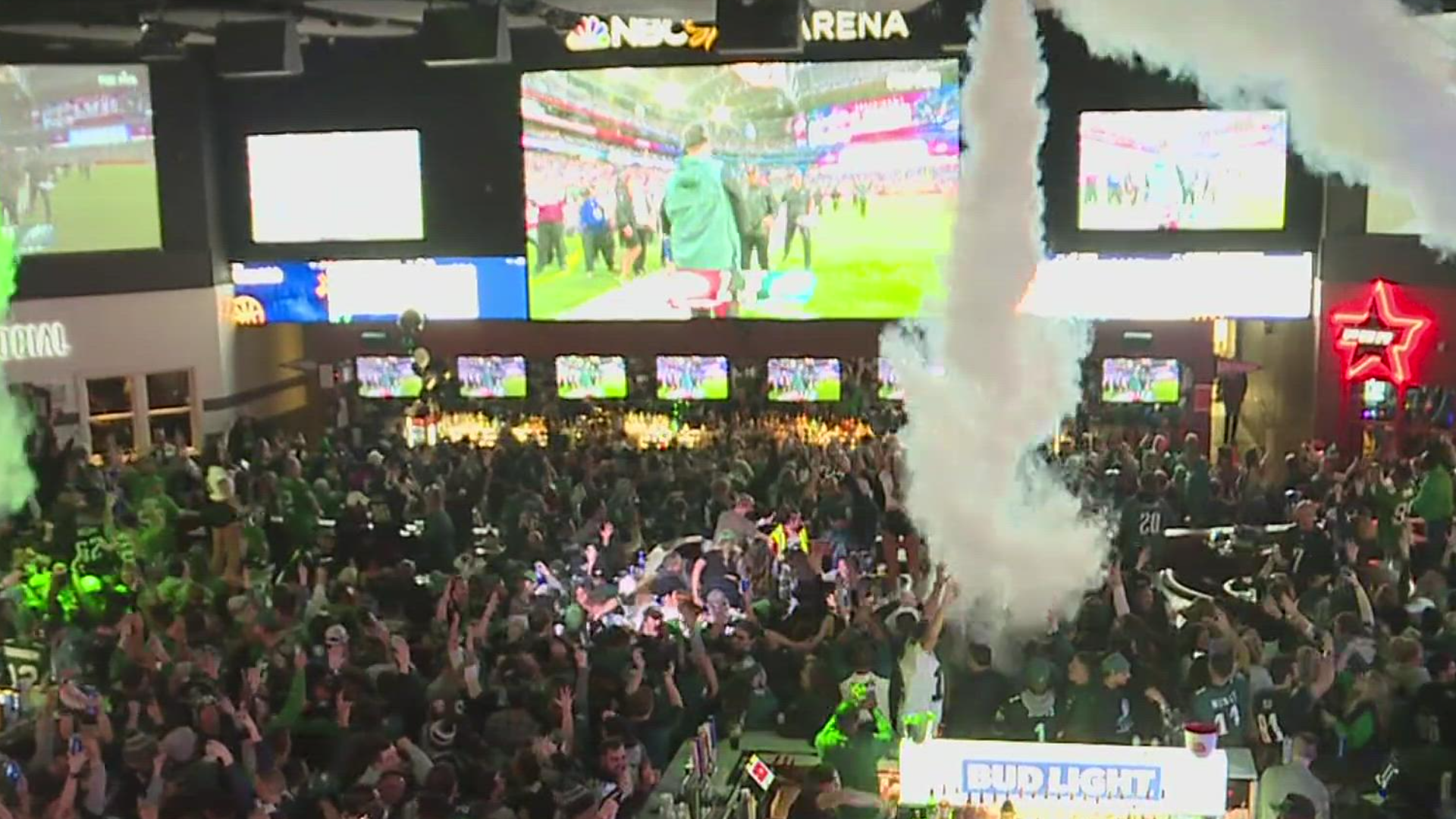 Around 6,000 Eagles fans packed Xfinity Live! to cheer on the Birds in Super Bowl LVII.
