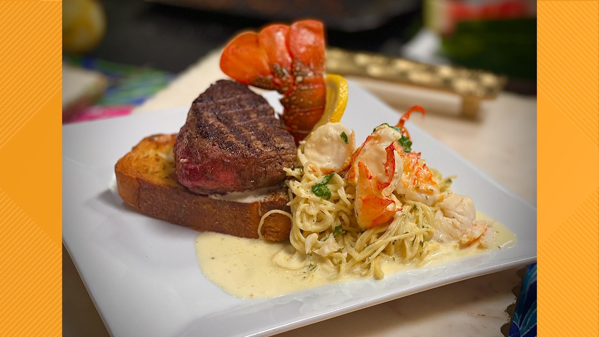 This classic meal features fire-grilled fillet mignon and lobster tail and is elevated with angel hair pasta in a lemon champagne infused cream sauce.