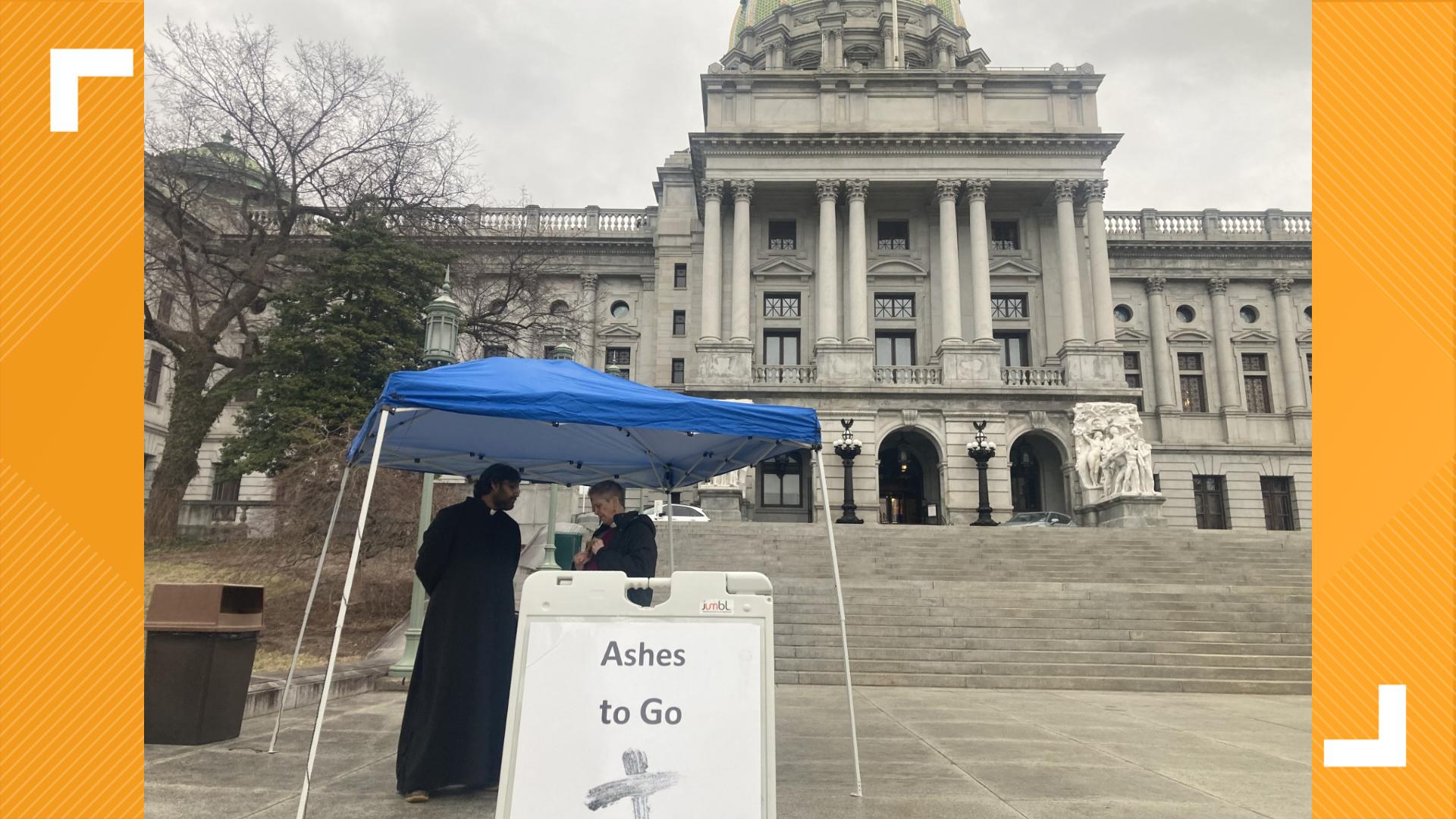 Local faith groups are gathering at the State Capitol today to provide people with "ashes-to-go."