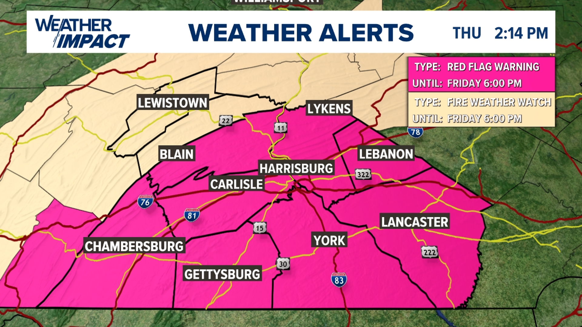 A RED FLAG WARNING has been issued for most of the area from 8 A.M. to 6 P.M. Friday. Drought conditions remain, but a little rain is expected this weekend.