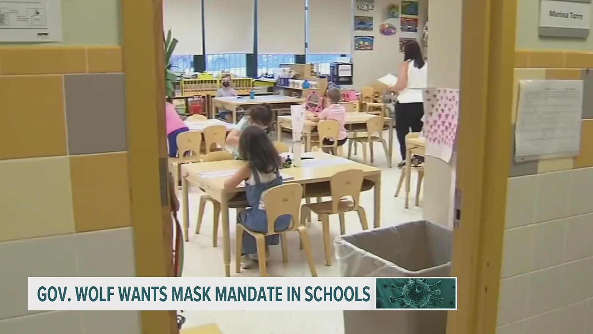 Wolf wrote in a letter that lawmakers should be called back to Harrisburg immediately to work on a bill to order schools and child care facilities to require masks.