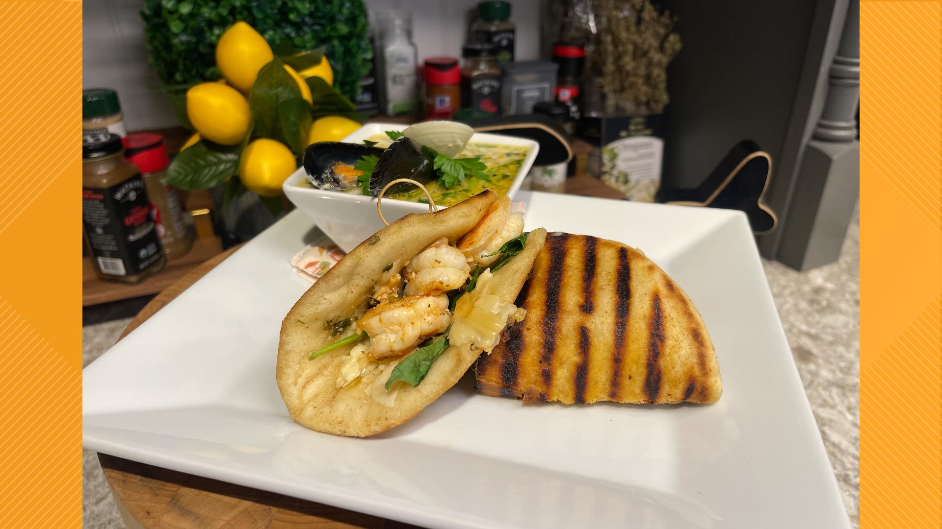 Olivia's in Gettysburg prepares a creamy seafood and leak chowder with a grilled shrimp panini.