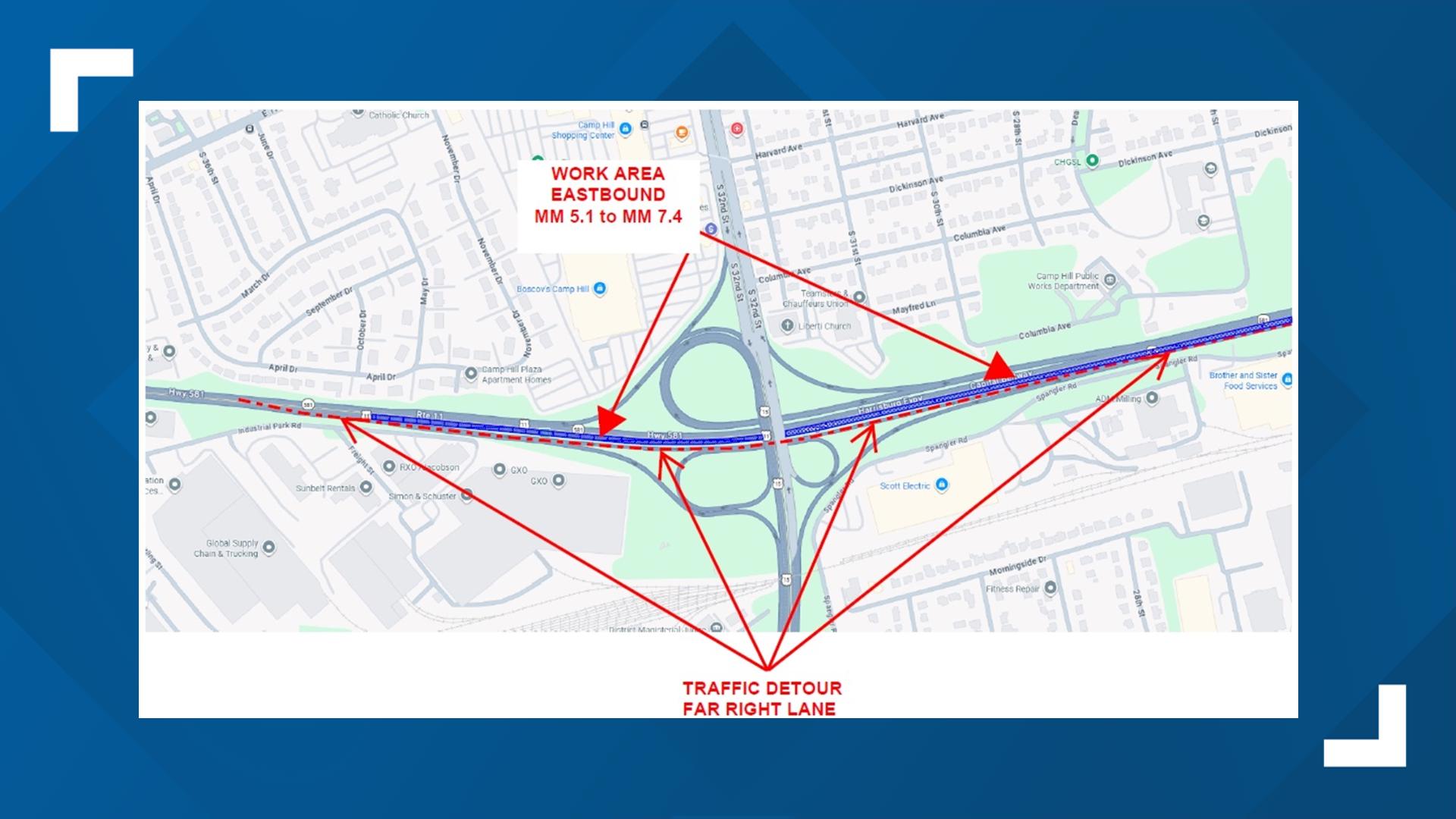 Eastbound Route 581 in Camp Hill will be closed for weekend concrete ...