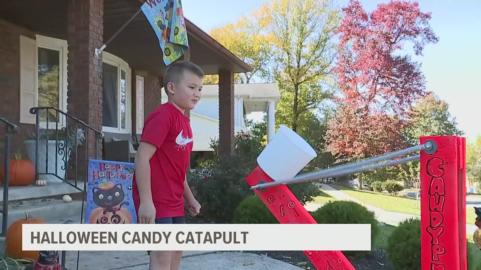 A family in York County created a Halloween candy catapult to still allow for trick or treating while social distancing.