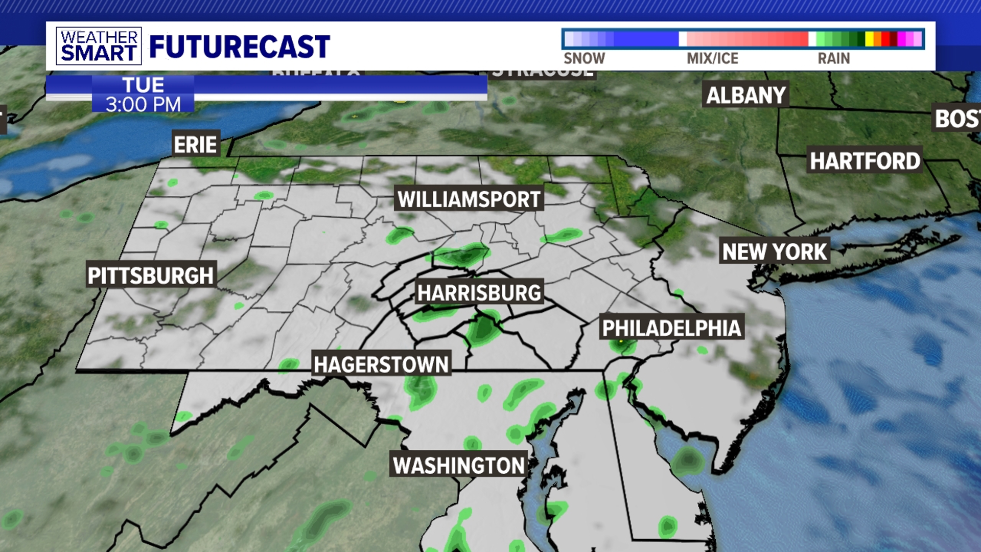More widespread showers are expected Wednesday. The week ends drier, but clouds hang around.