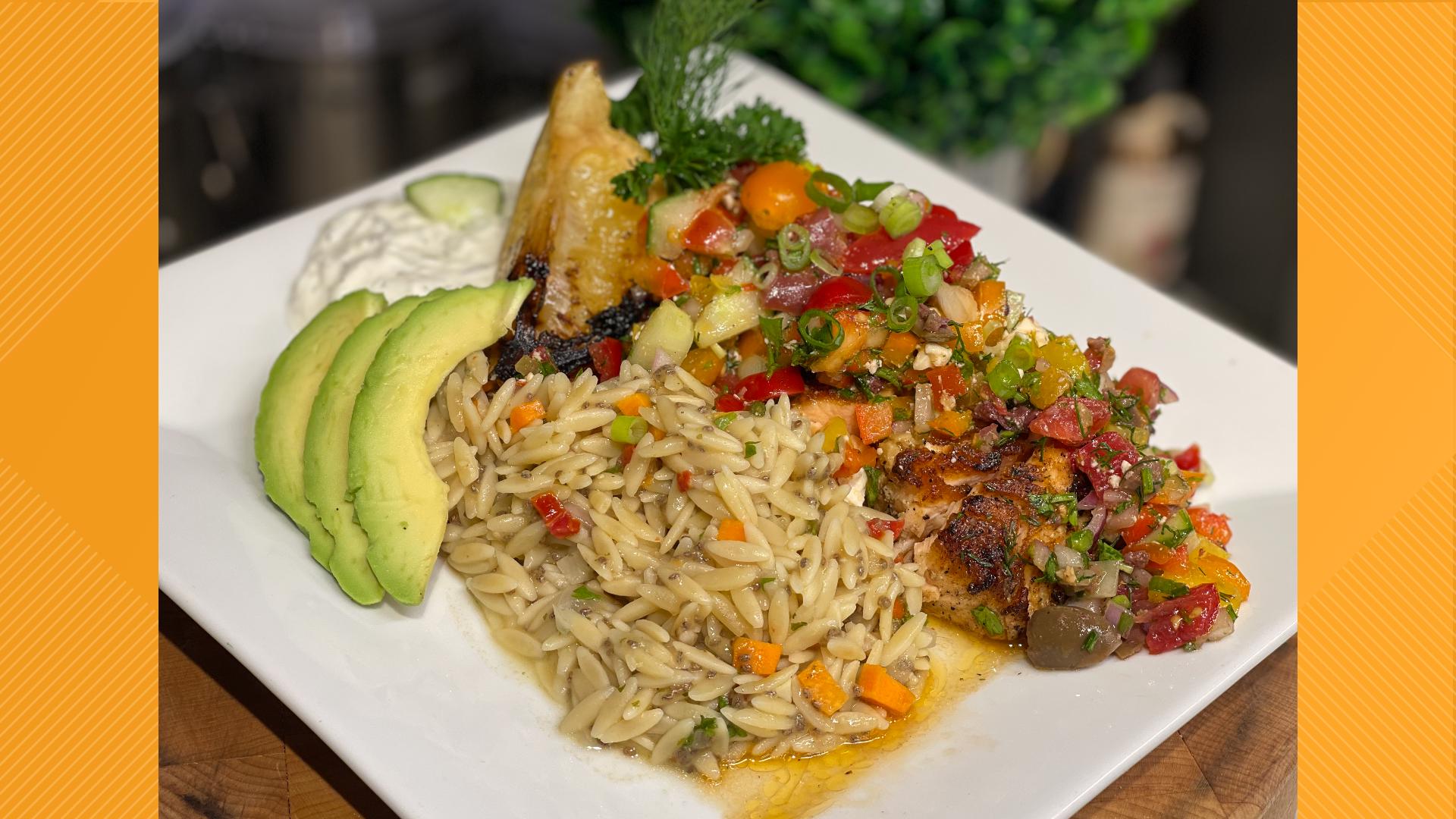 A fresh filet of salmon is seared and served over orzo along with lots of fresh garden veggies. A Greek espresso topped with frothy afrogala makes up a Mocha Freddo.