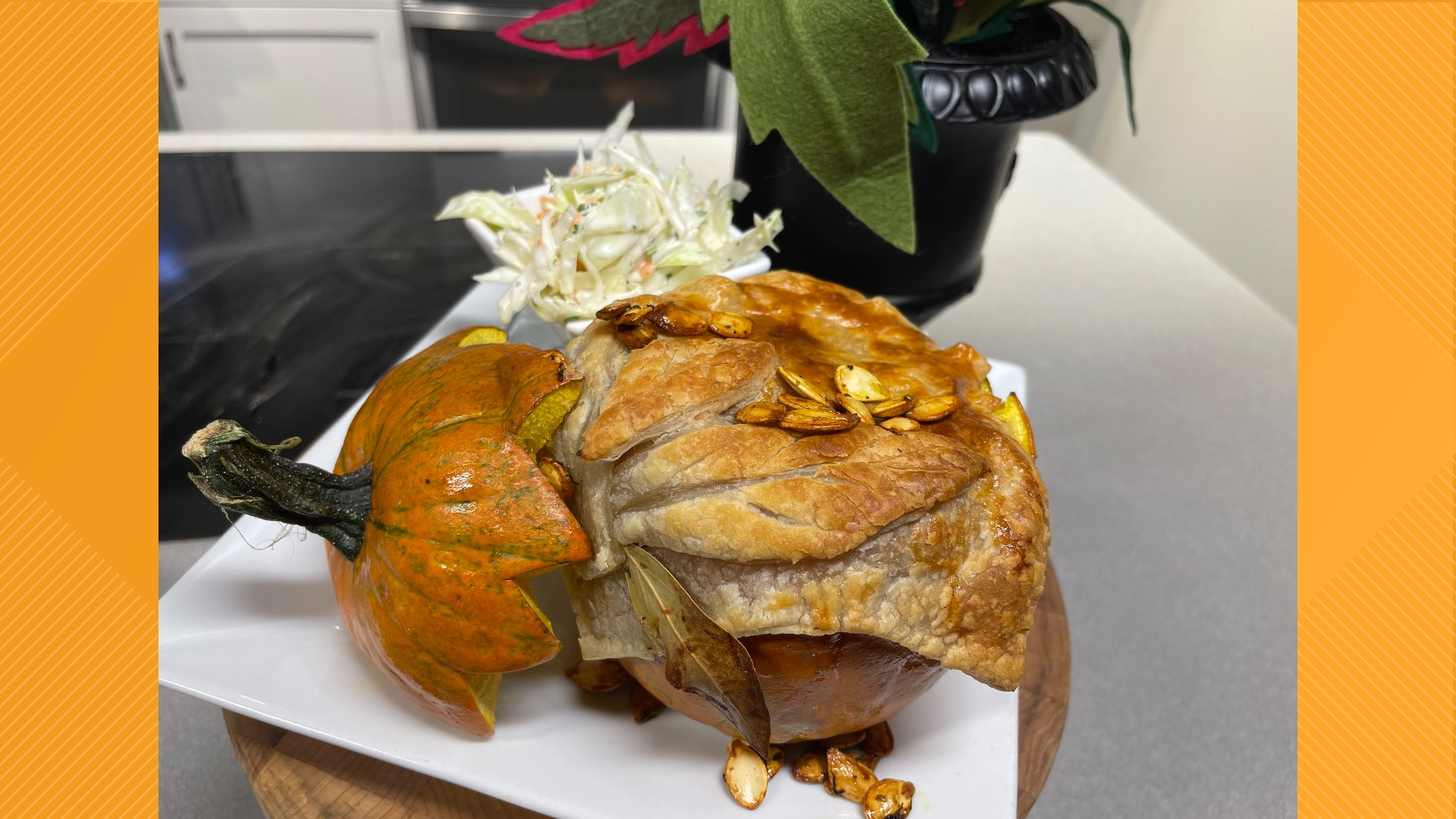 Olivia's Pumpkin Pot Pie is roasted and served in a pumpkin for the ultimate autumn vibes.