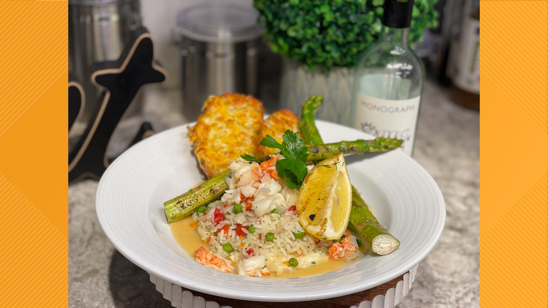 Lobster Kaseri is served over rice pilaf, topped with a lemon dill sauce and served with grilled asparagus. A Ghoul Brew Tini helps decorate the table for Halloween.