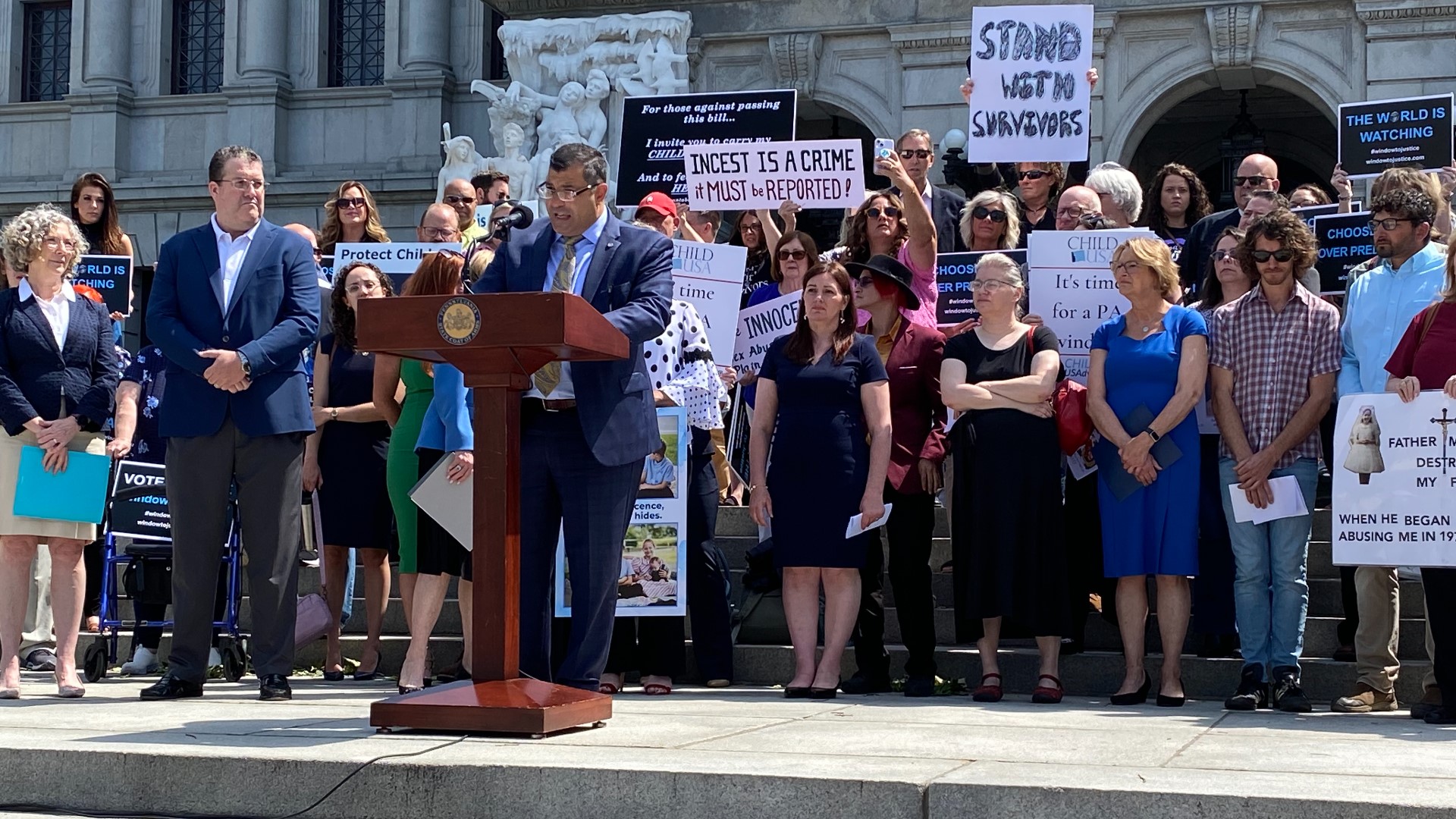 Demonstrators rallied at the Pennsylvania state capitol to urge Senate to pass House Bill 1 and 2 to change the state statute of limitations for child abuse.