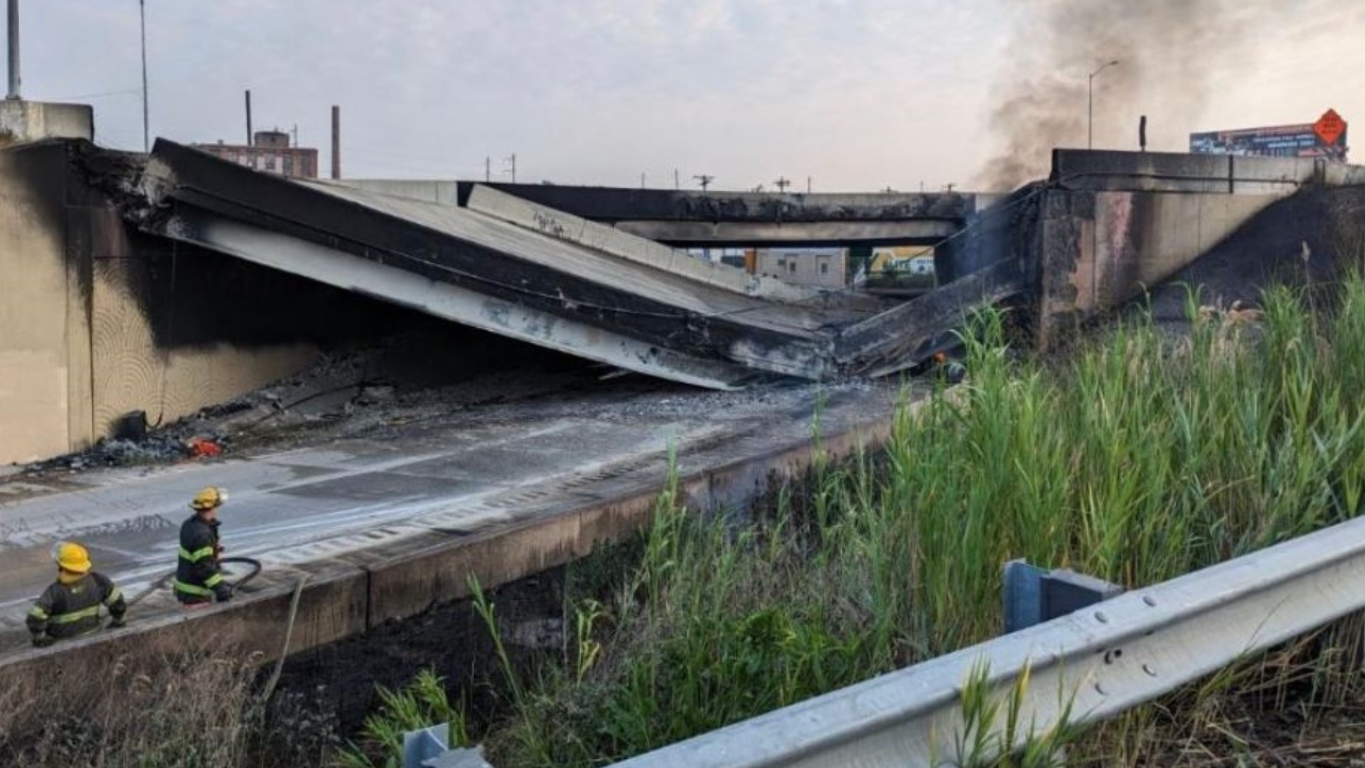 This helicopter video shows the aftermath of Interstate 95 collapsing after a vehicle caught fire beneath the roadway.