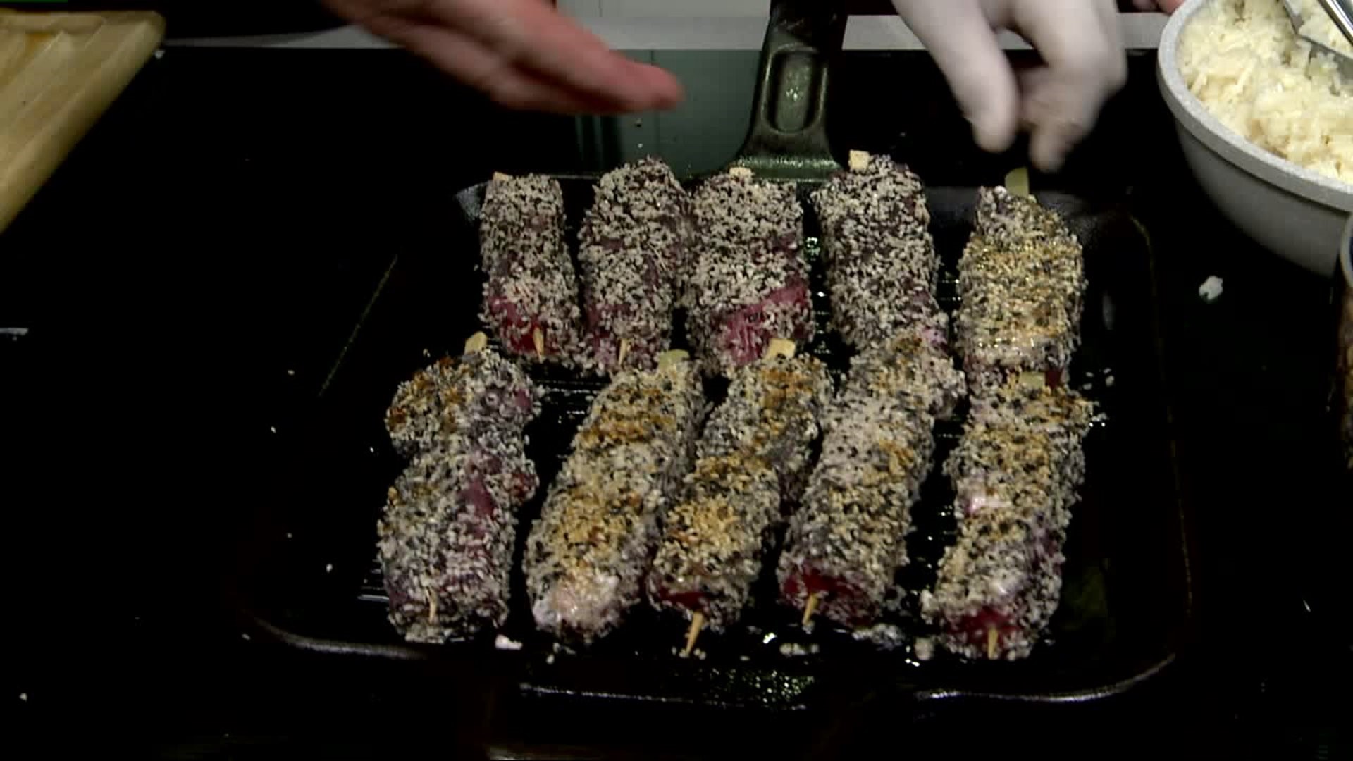 Olivia`s Prepares Sesame Seared Ahi Tuna Kabobs served over Ginger Jasmine Rice along w/ Pineapple Soy Sauce