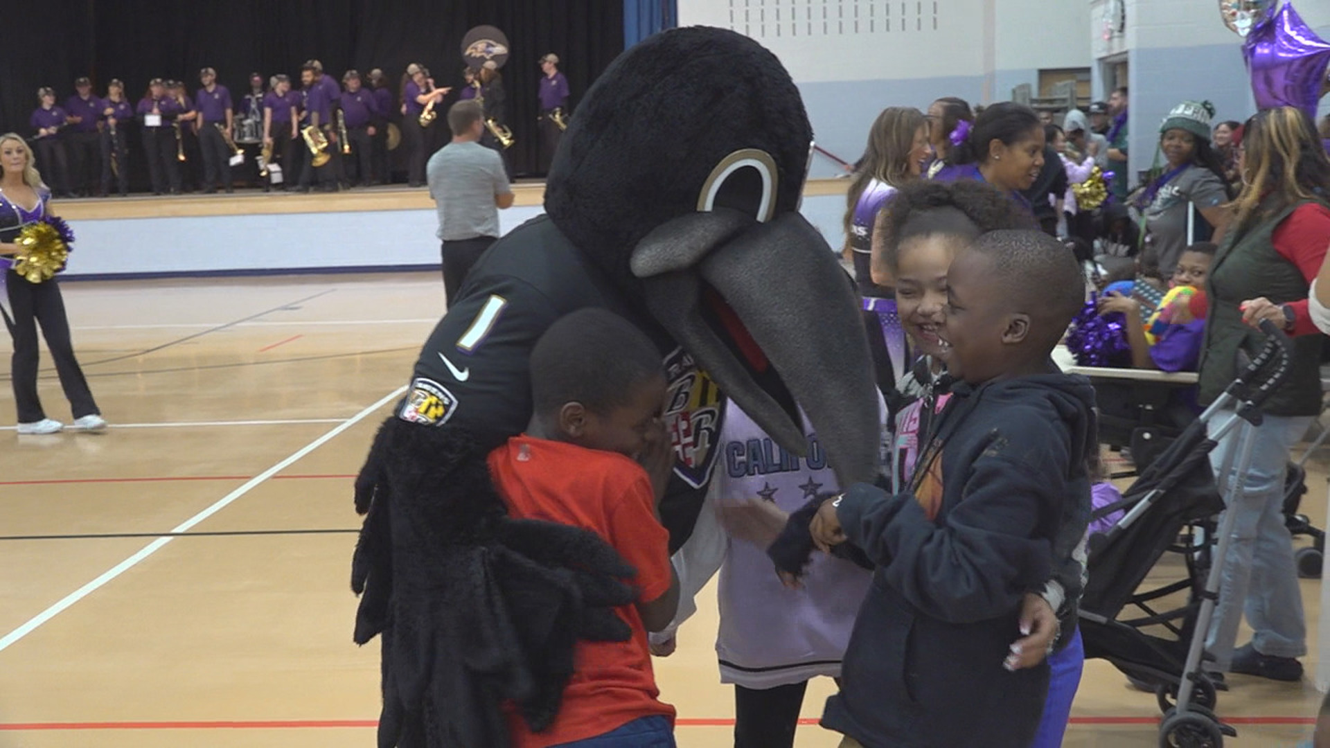 The Marching Ravens, cheerleaders, and mascot, Poe, stopped by five York City elementary schools ahead of Sunday's game against the Pittsburgh Steelers.