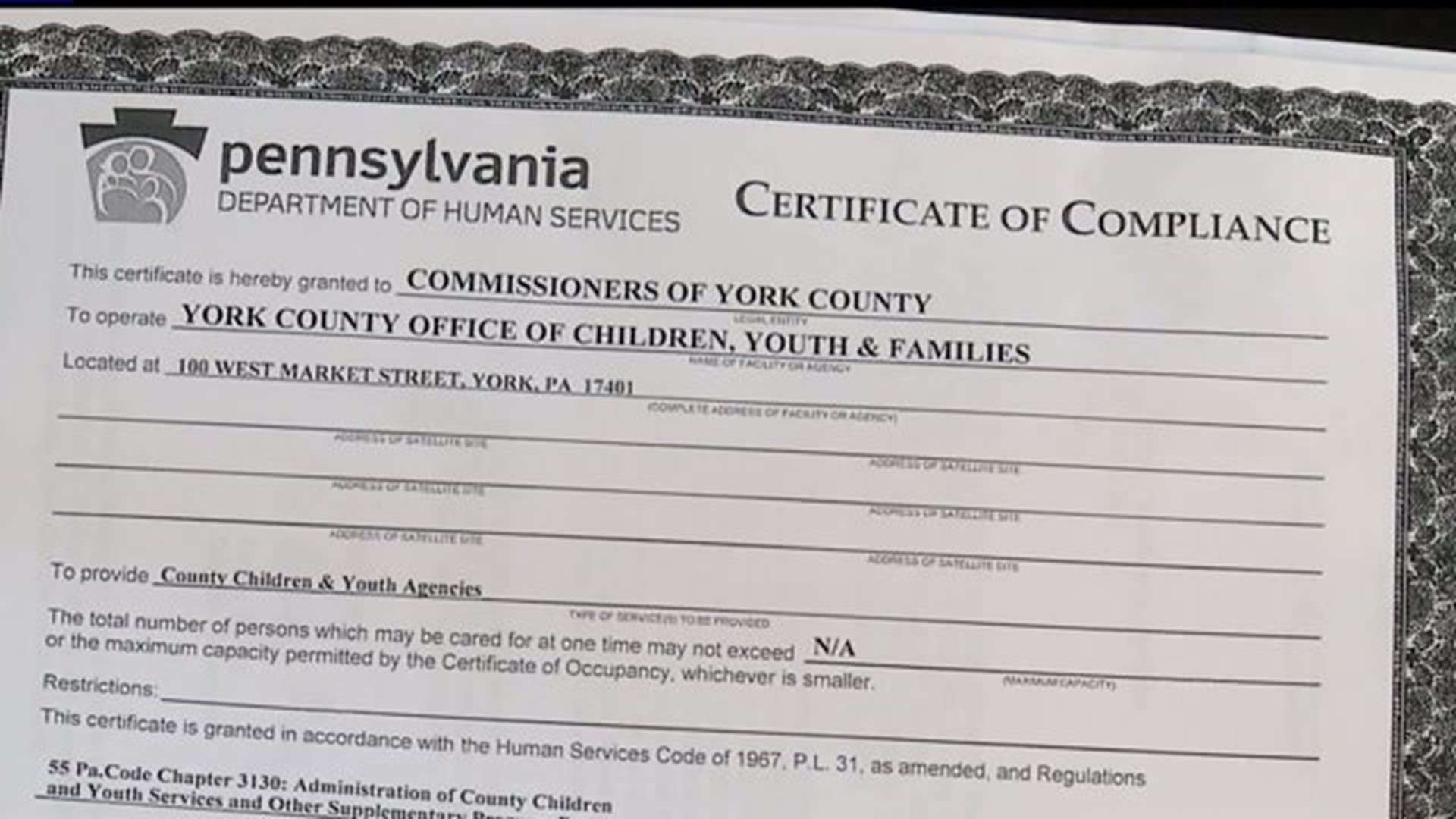 Children Youth and Families in York county receives a new certificate