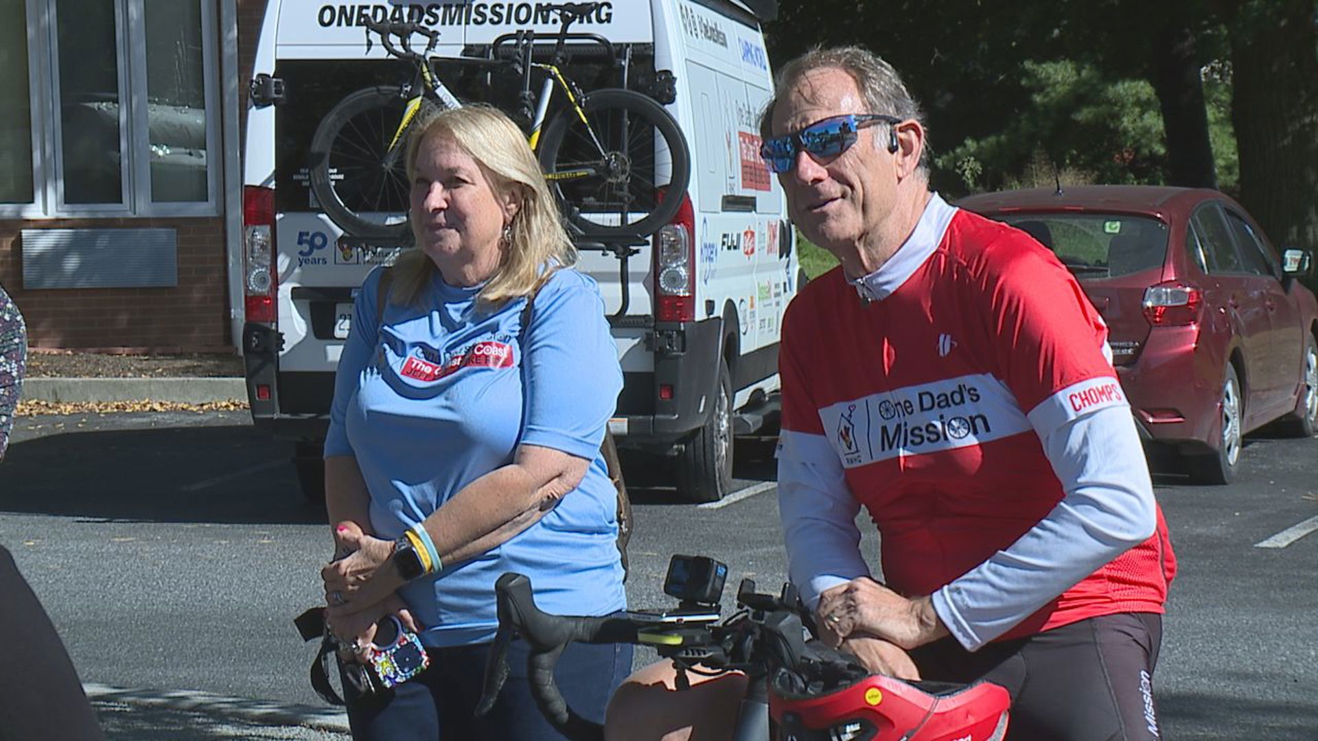 A determined dad is biking cross-country and made a pitstop in Derry Township to tell his daughter’s story while raising money for Ronald McDonald House Charities.