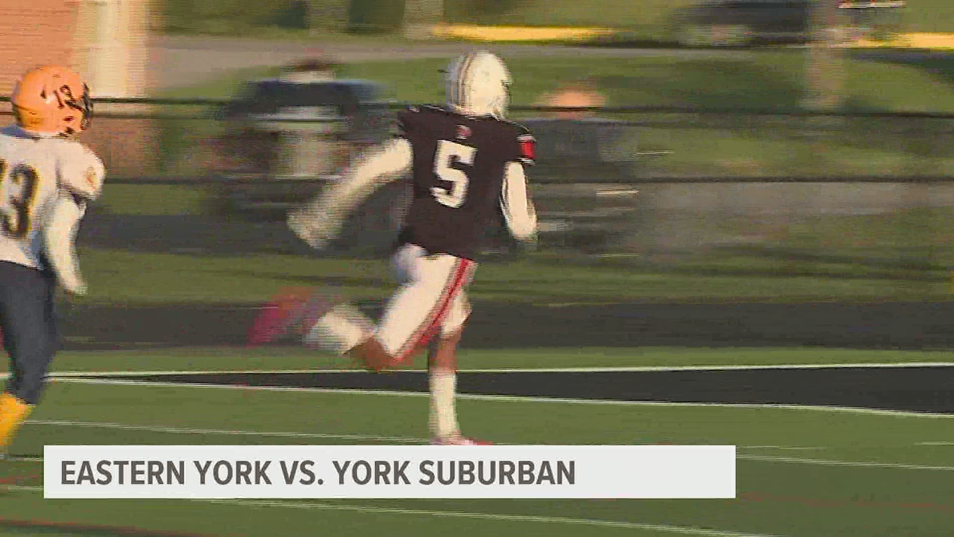 Kenny Johnson finishes the game with five touchdown receptions and 198 yards in the York Suburban win.