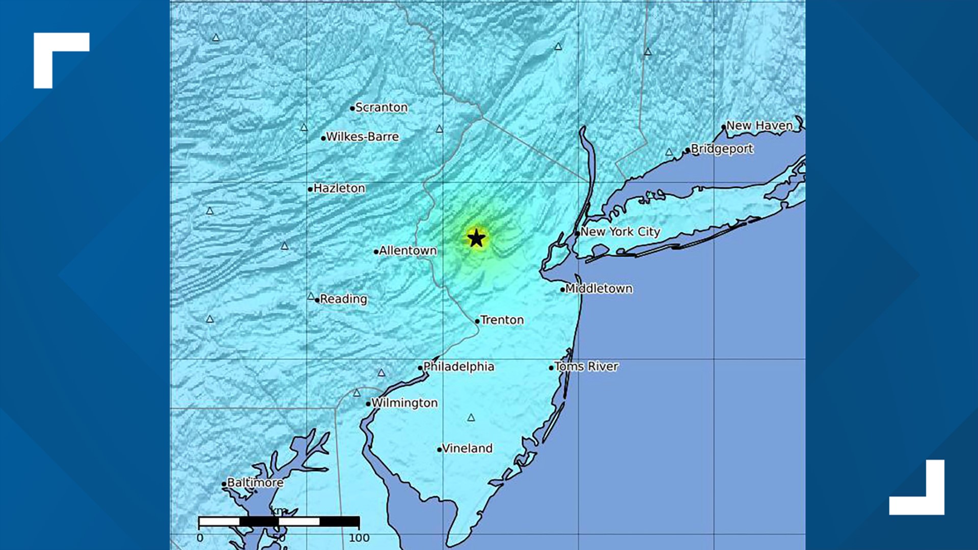 The U.S. Geological Survey reported a quake with a preliminary magnitude of 4.8, centered near Lebanon, New Jersey.
