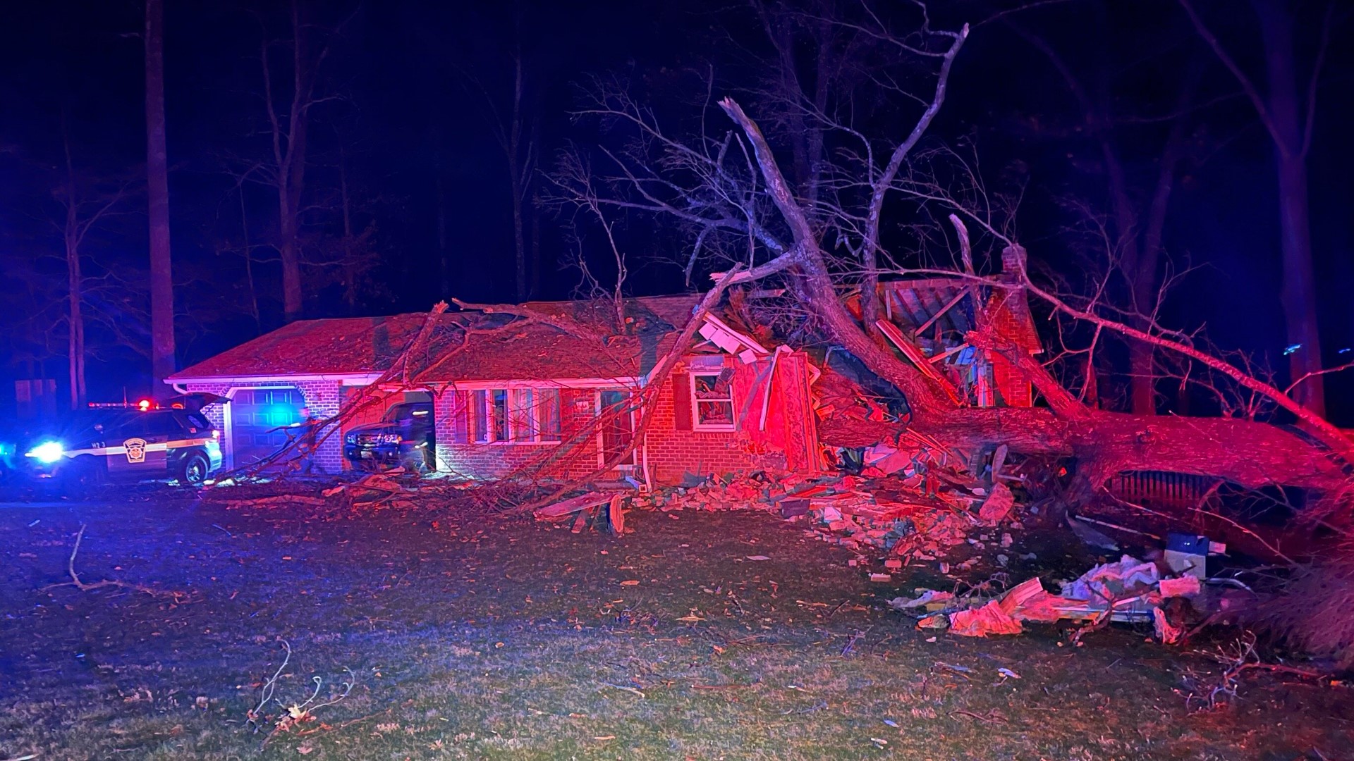 High winds caused a dead tree to fall into a house on Baltimore Pike, killing one resident, according to the South Middletown Fire Department.