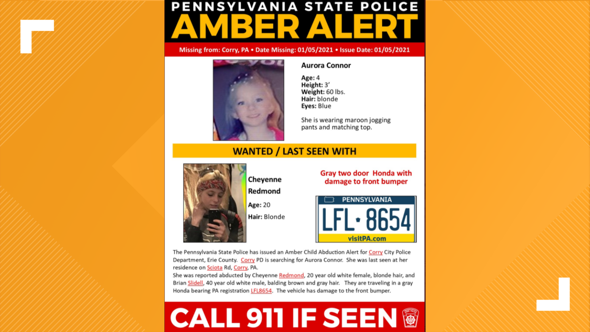 Update Amber Alert Cancelled For 4 Year Old Girl Abducted Out Of Erie County 5488