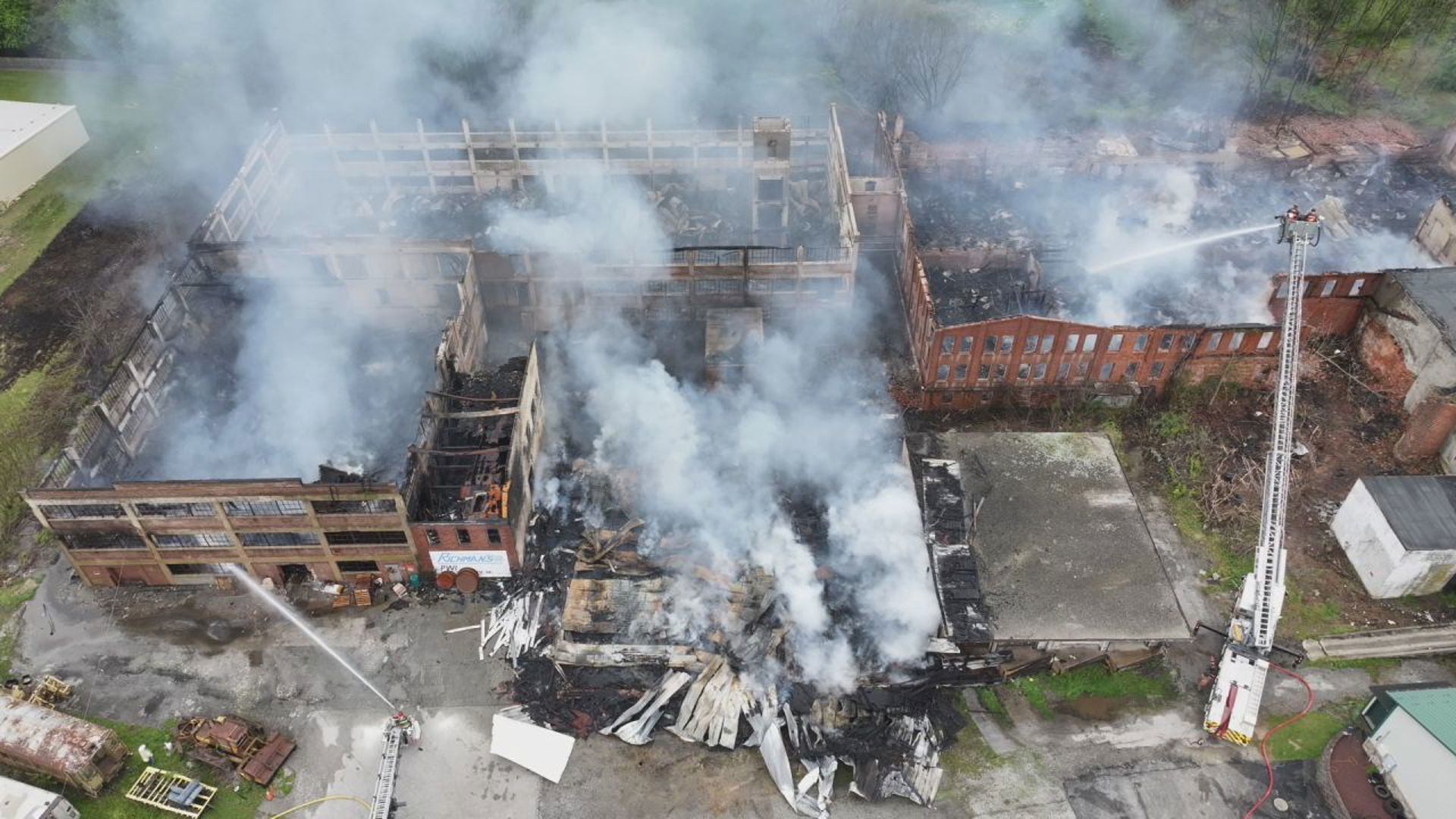 Drone footage from FOX43 News videographer Owen Daniels shows the immense damage caused at the warehouse in Stewartstown following a six-alarm fire.