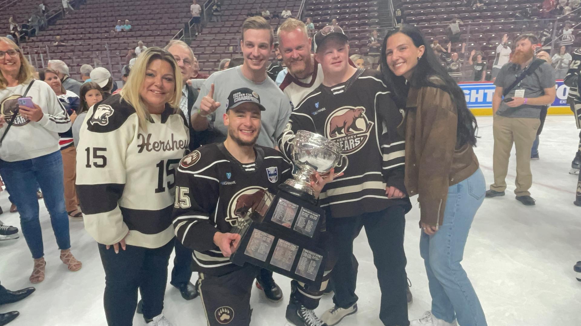 Cooper Schultz and his dad travel the 12-hour road trip from Milwaukee to Hershey and celebrate the Calder Cup win with their favorite player.
