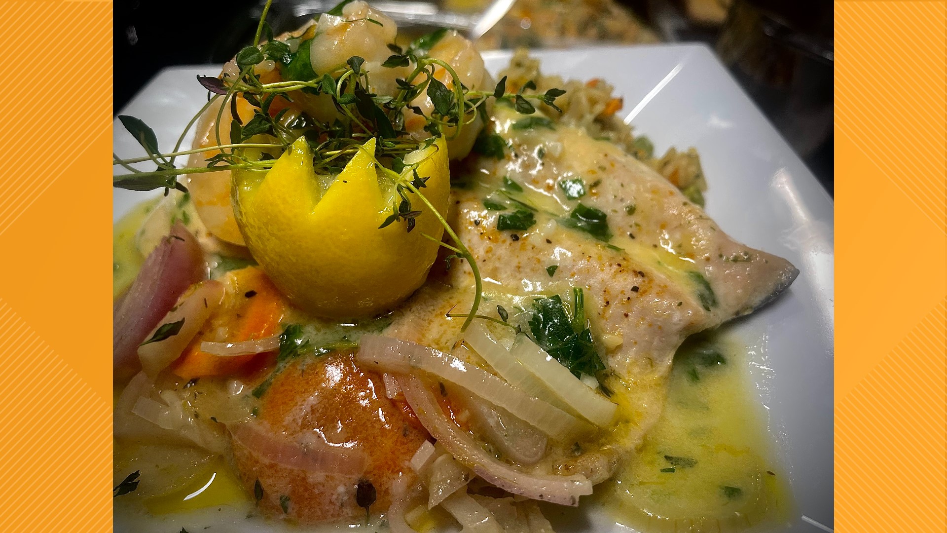 Olivia's Fresh Baked Rainbow Trout served with shrimp and topped with a savory Burre Blanc Sauce will take you down memory lane to fishing in warm weather.