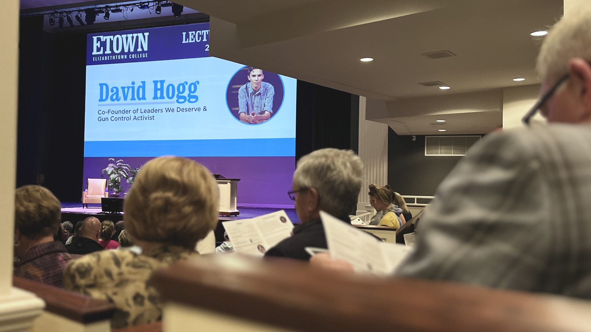 David Hogg, a survior of the 2018 Stoneman Douglass High School mass shooting in Parkland, Florida, spoke at Elizabethtown College Thursday night.