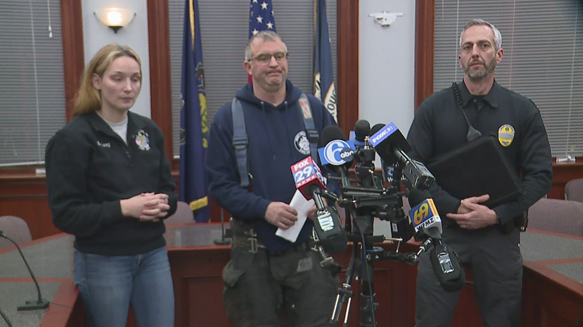 West Reading Mayor Samantha Kaag, Fire Chief Chad Moyer, and Police Chief Wayne Holben give update on R.M Palmer Co. chocolate factory explosion on March 26, 2023.