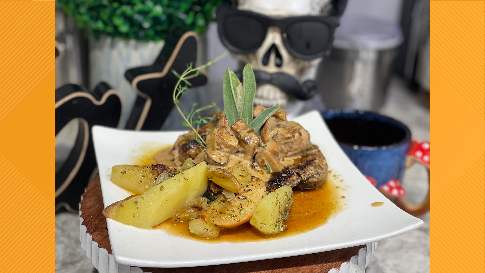 Fire-grilled pork chops served with Baked Apple and Shallot Potatoes are smothered in a Creamy Mushroom Sage Sauce that showcases the hearty tastes of autumn.