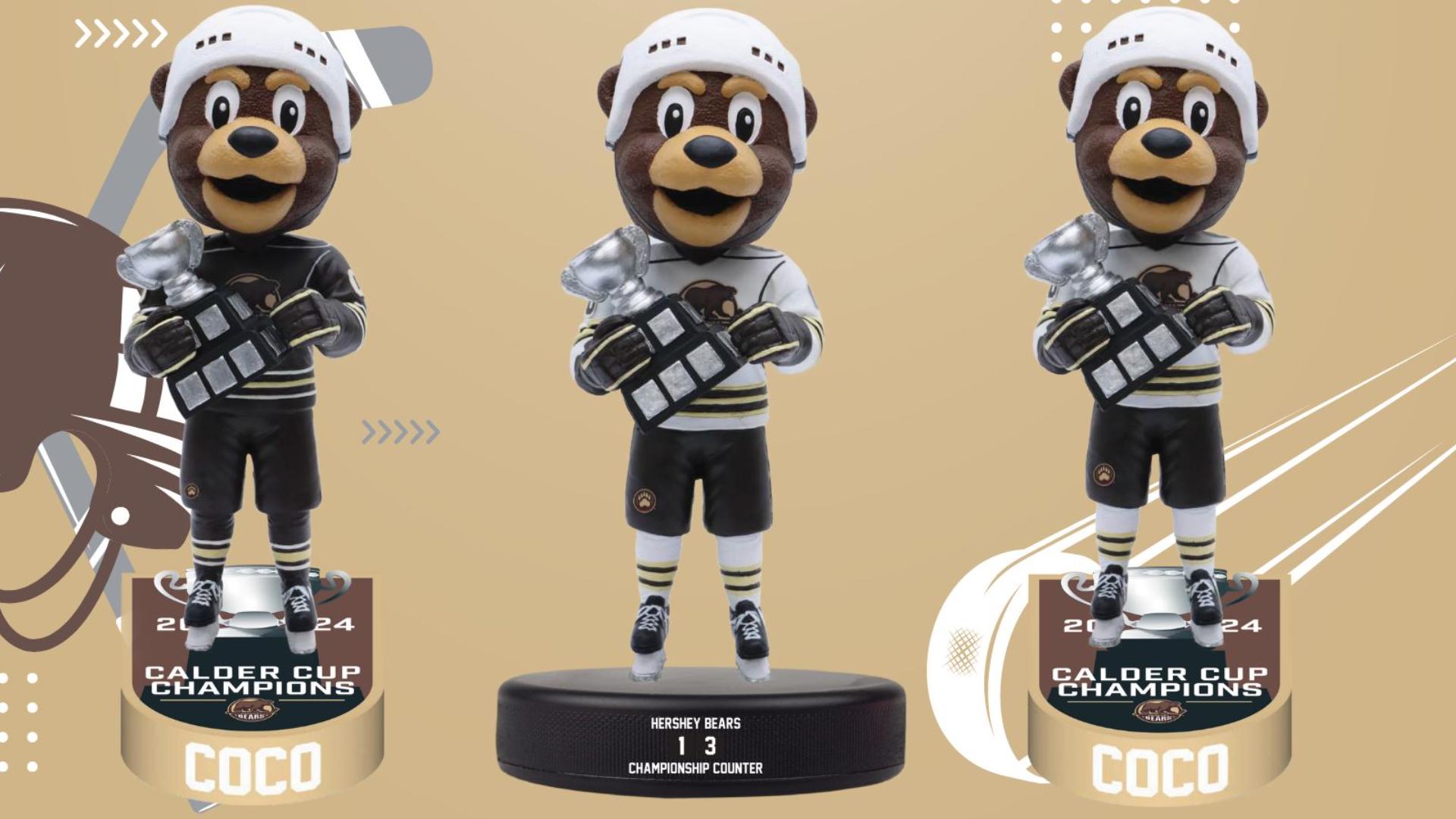 The bobbleheads feature the Hershey Bears’ mascot, Coco the Bear, holding a replica Calder Cup trophy. There are three variations.