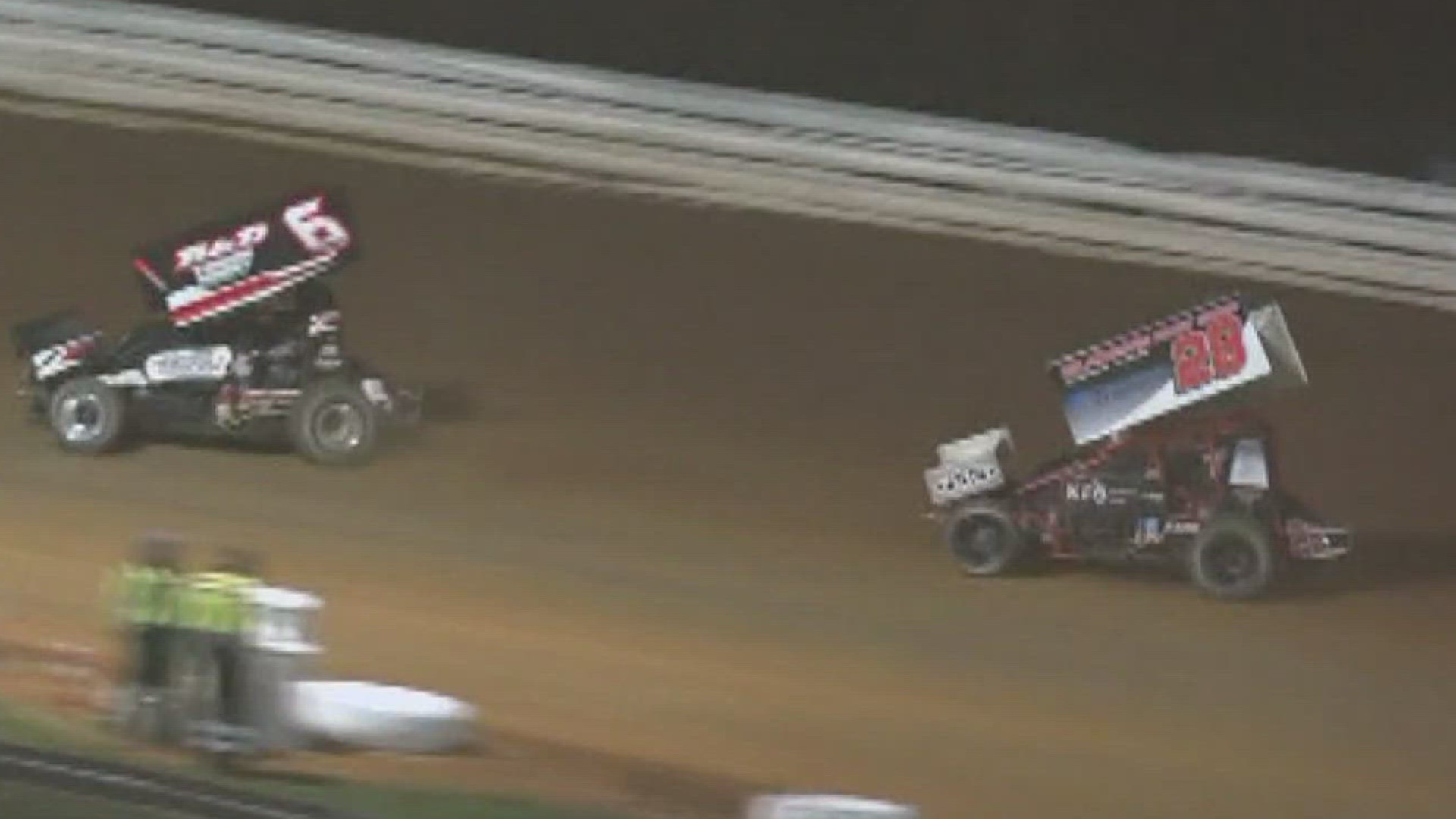 On a cold night in late March, the 410 feature at Williams Grove heated up on the final lap.