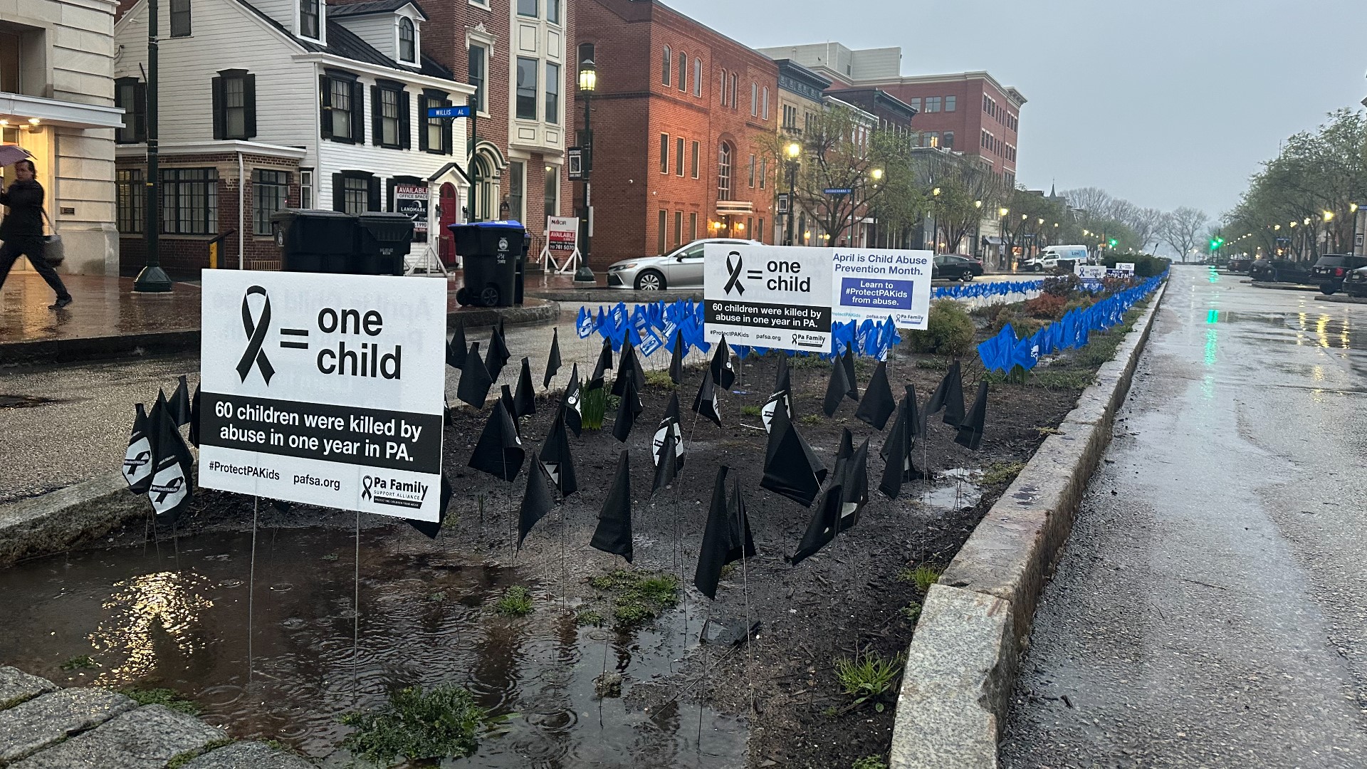 Each blue flag represents a case of child abuse in Pennsylvania.