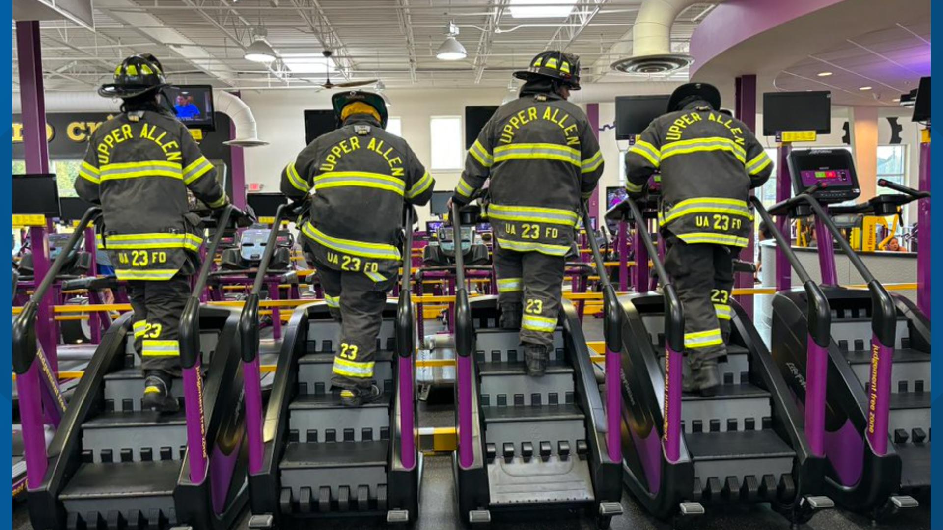 The firefighters climbed 110 flights of stairs in full uniform on machines at Planet Fitness in Upper Allen Township, adding up to 2,200 stairs in total.