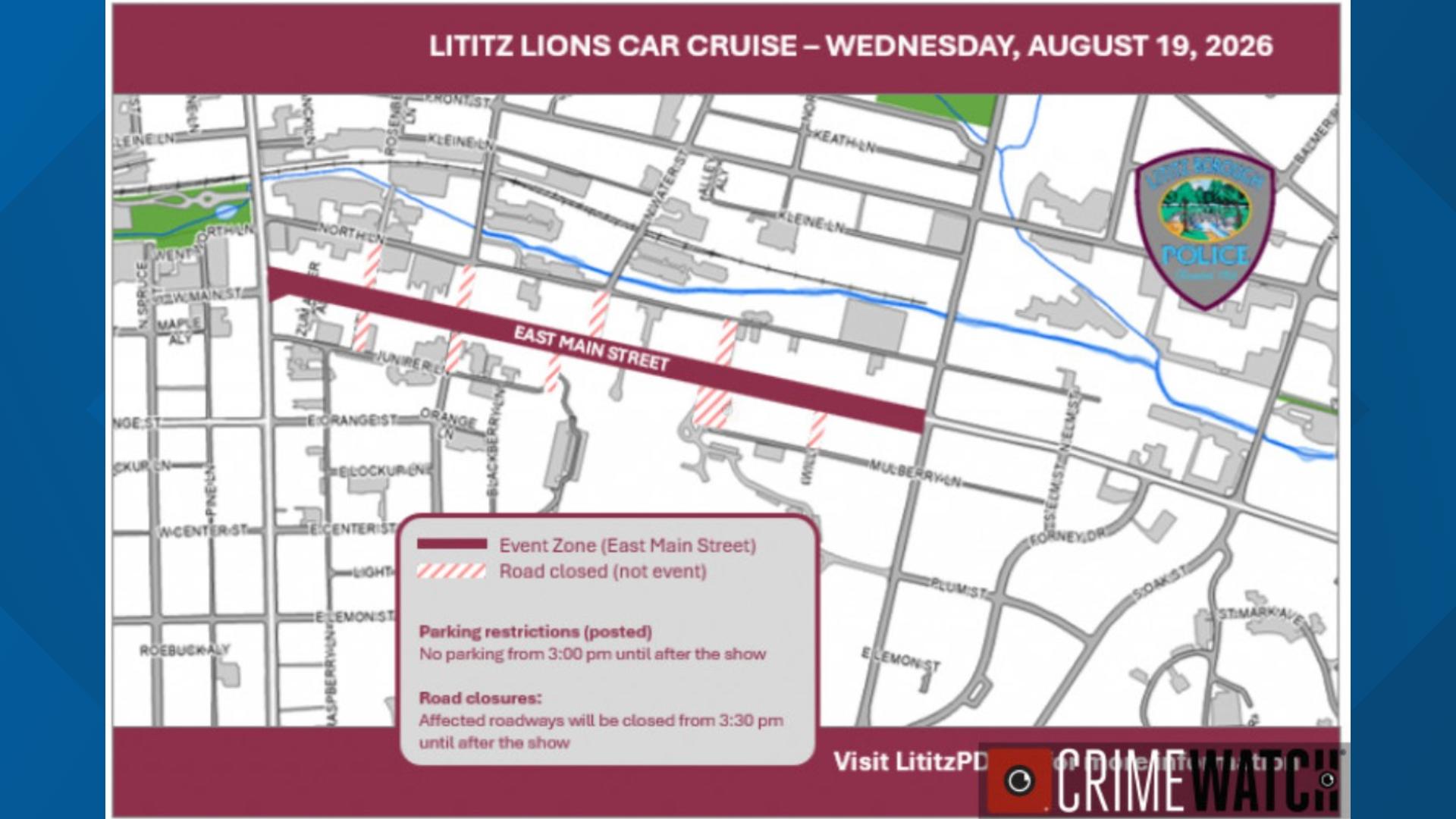 Lititz Police announce parking restrictions, road closure for Car Cruise event