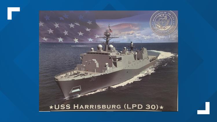 Naval officials update mayor Wanda Williams on the construction of the USS Harrisburg