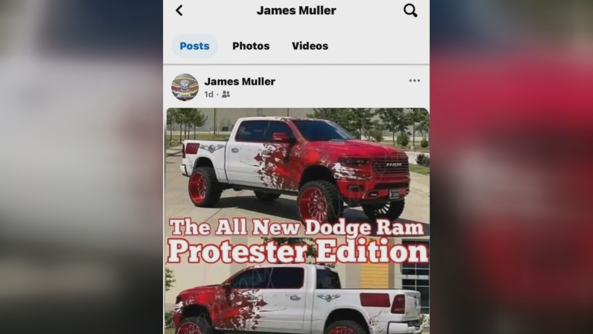 The post, which was uploaded during the 'No Kings' protest, depicts a blood-stained pickup truck with the caption, "the all-new Dodge Ram: Protester Edition."
