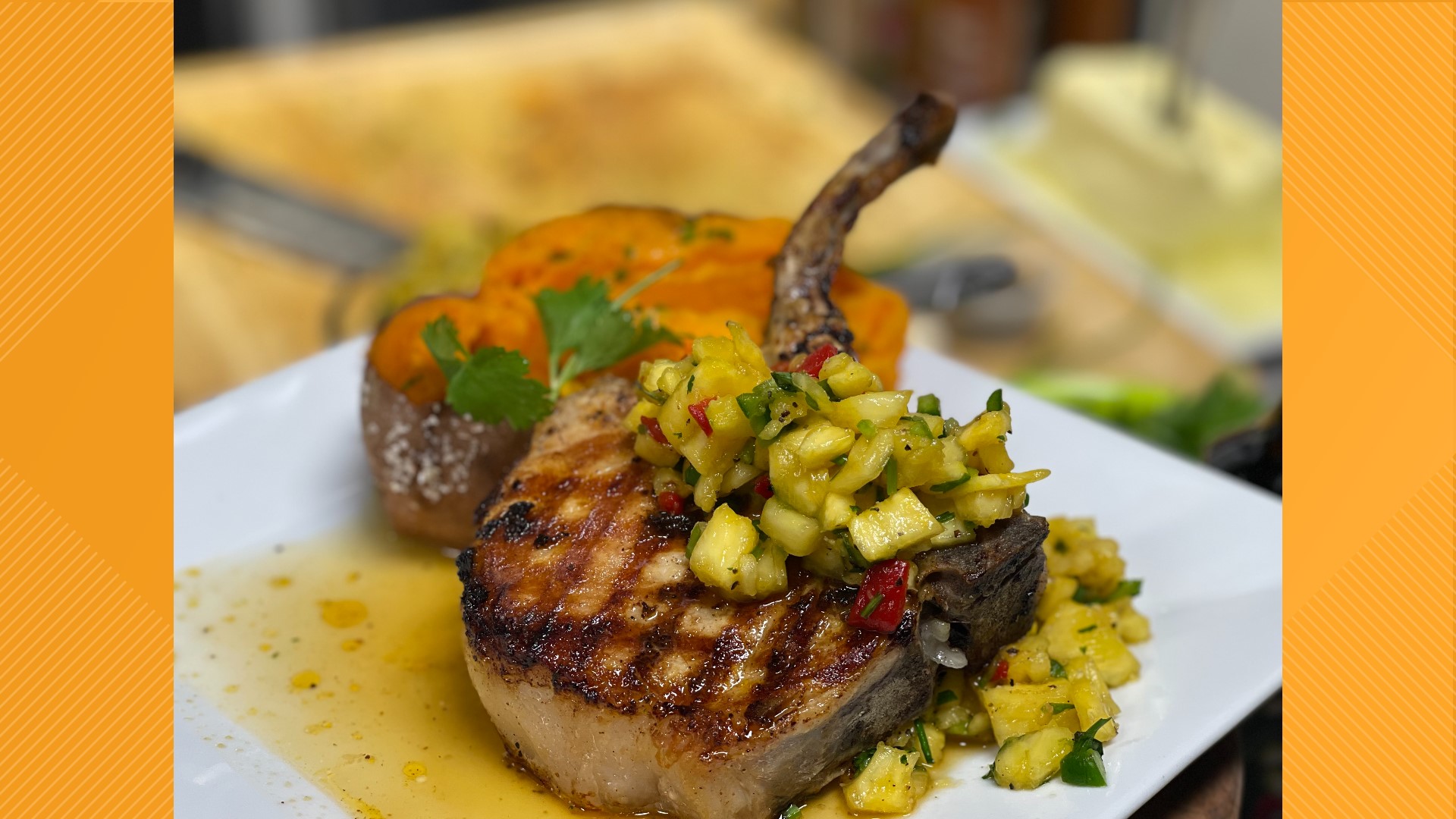 Olivia's Blackened Pineapple Pork Chop and Winter White Chocolate Martini will take your taste buds on a trip from winter to summer.