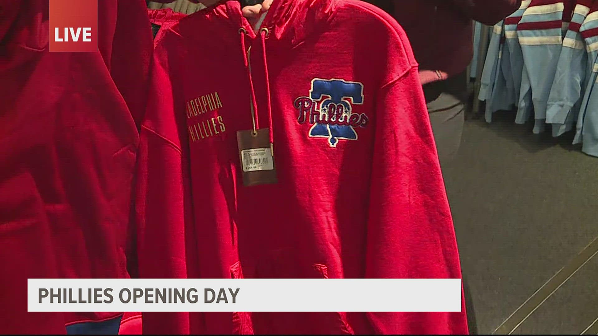 Philadelphia Phillies merchandise is stocked at the team store ahead of Opening Day.
