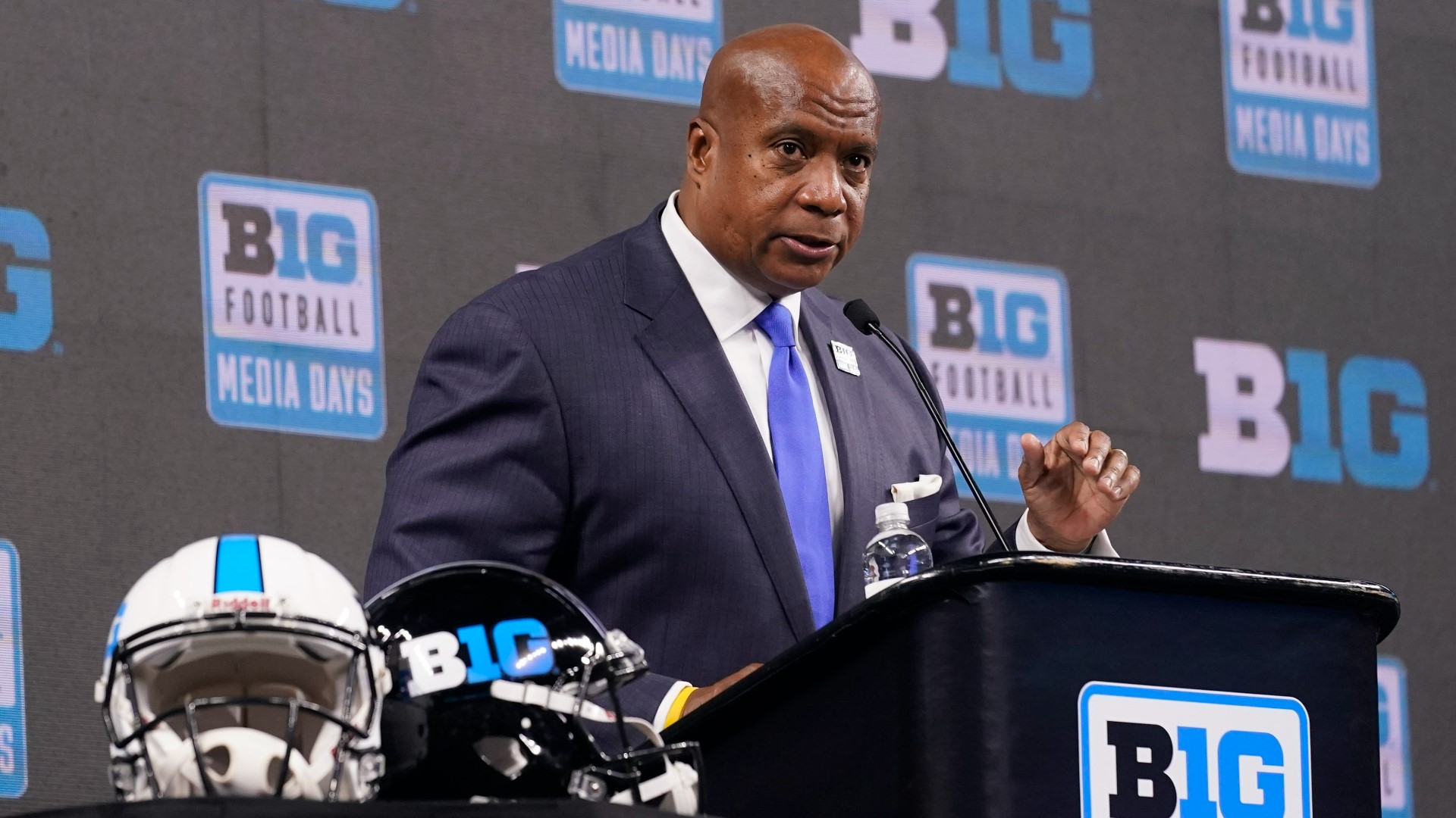 Big Ten Commissioner Kevin Warren answers questions at the opening press conference of Big Ten Media Days.