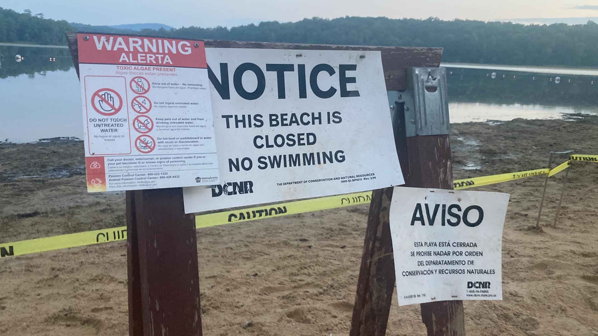 The Pennsylvania Department of Conservation and Natural Resources closed Quaker Race Beach to swimming after finding harmful algae present.