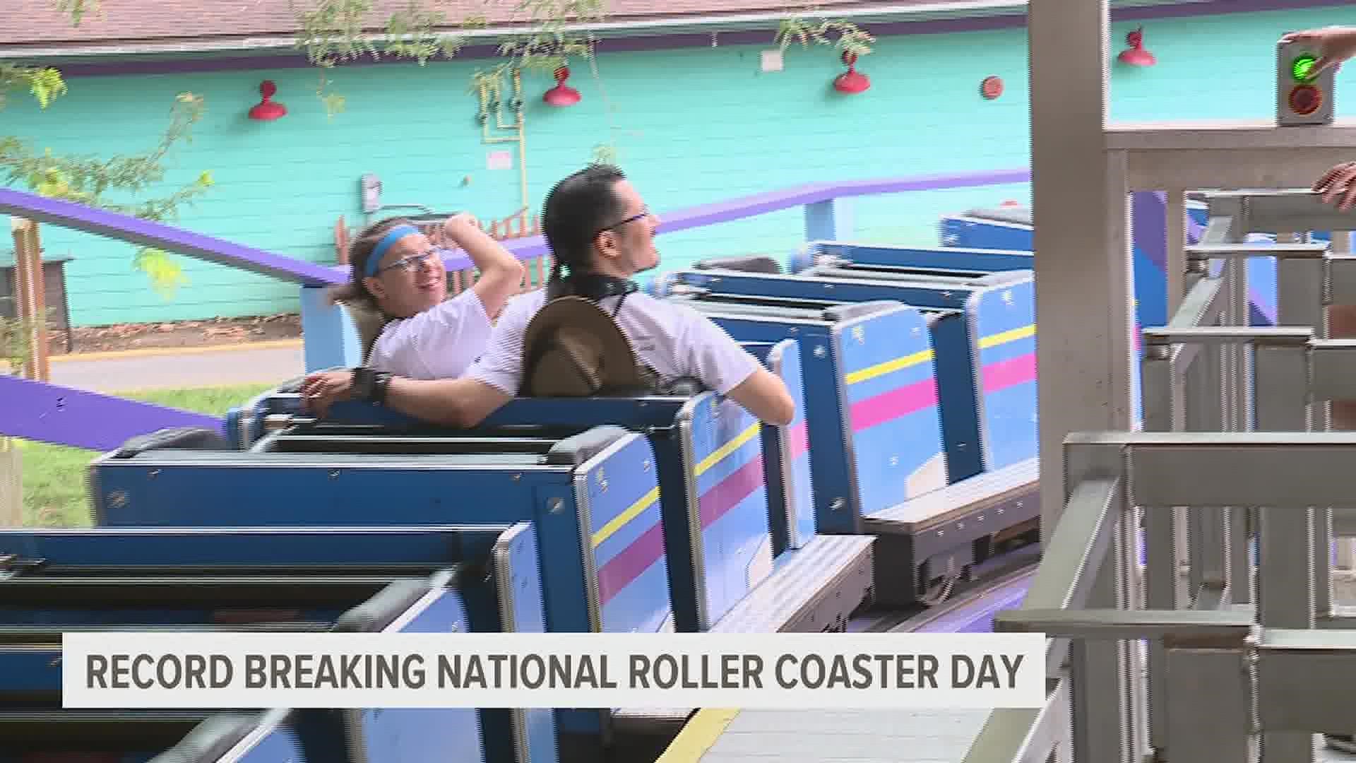 The pair broke a record in honor of National Roller Coaster Day on Aug. 16.