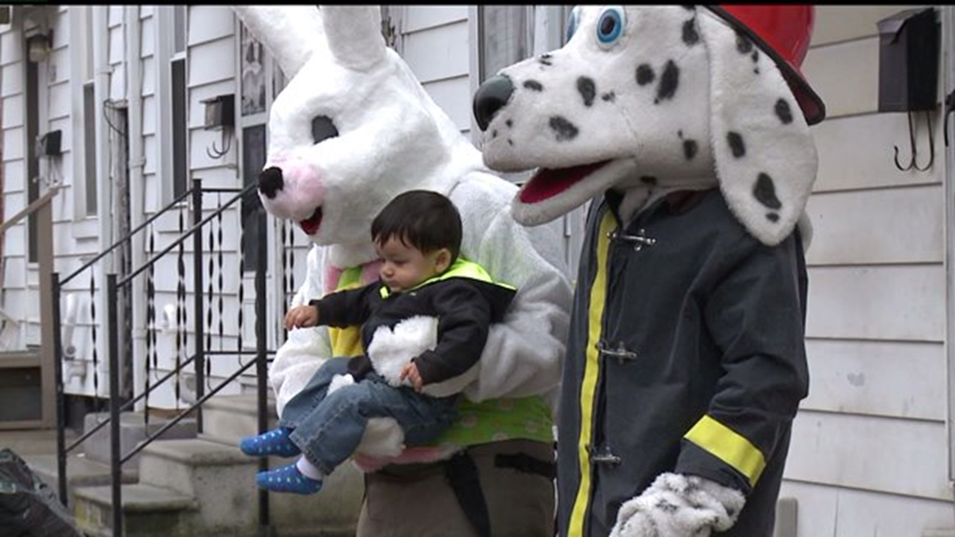 Firefighters dress up as a bunny and dog to deliver Easter meals to taxpayers