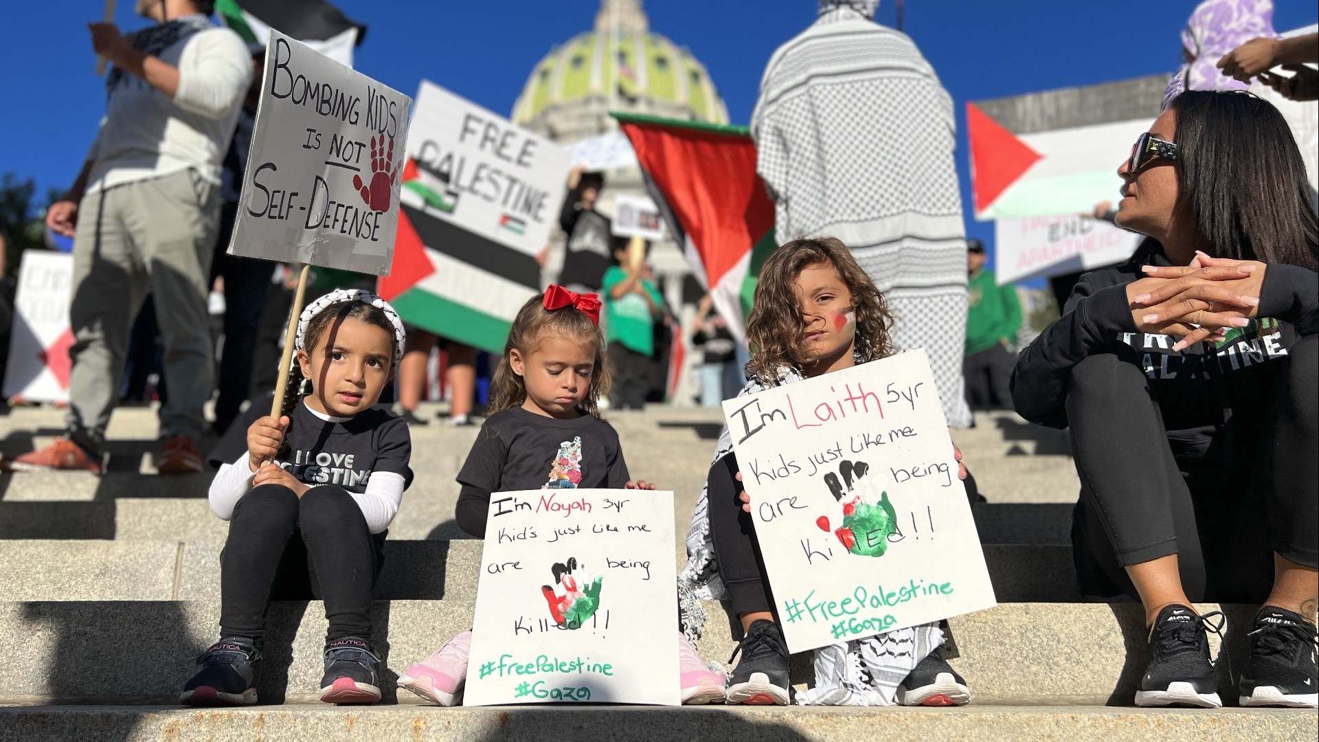 Hundreds rallied on the steps of the state Capitol, demanding an end to Isreal's occupation and violence in Palestine