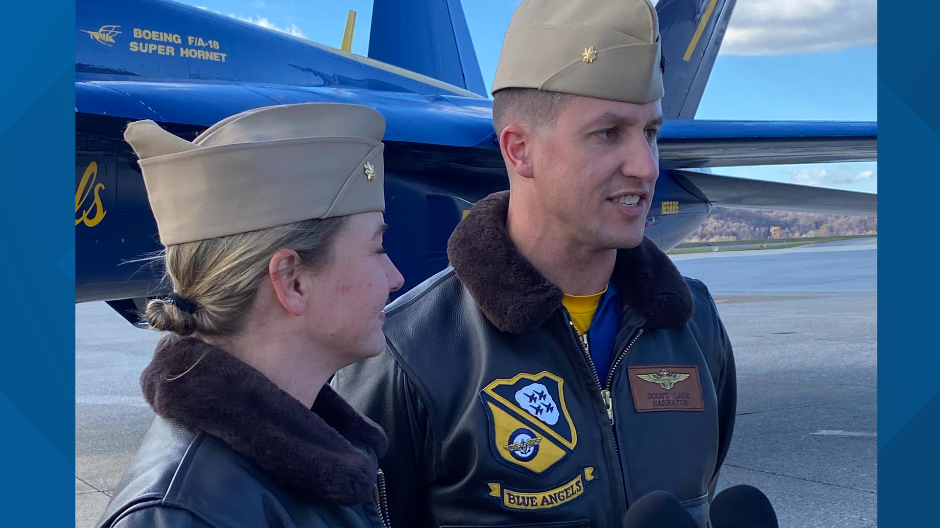 Two U.S. Navy Blue Angels visited Harrisburg International Airport in preparations for next year’s air show.