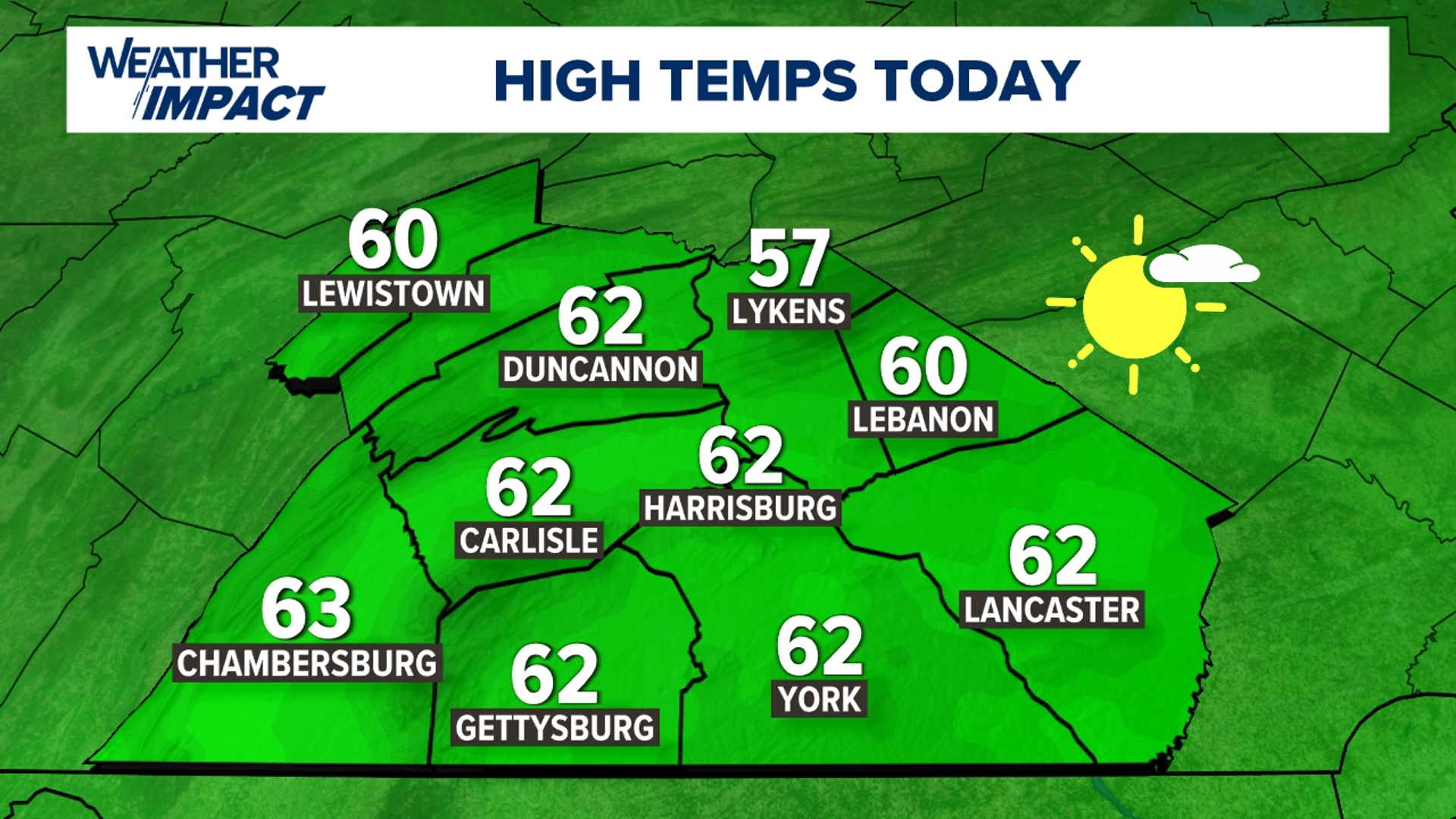 The fall-like stretch becomes a tad cooler Thursday with highs in the low 60s. Patchy frost Friday morning for some ahead of a slight weekend warm up!