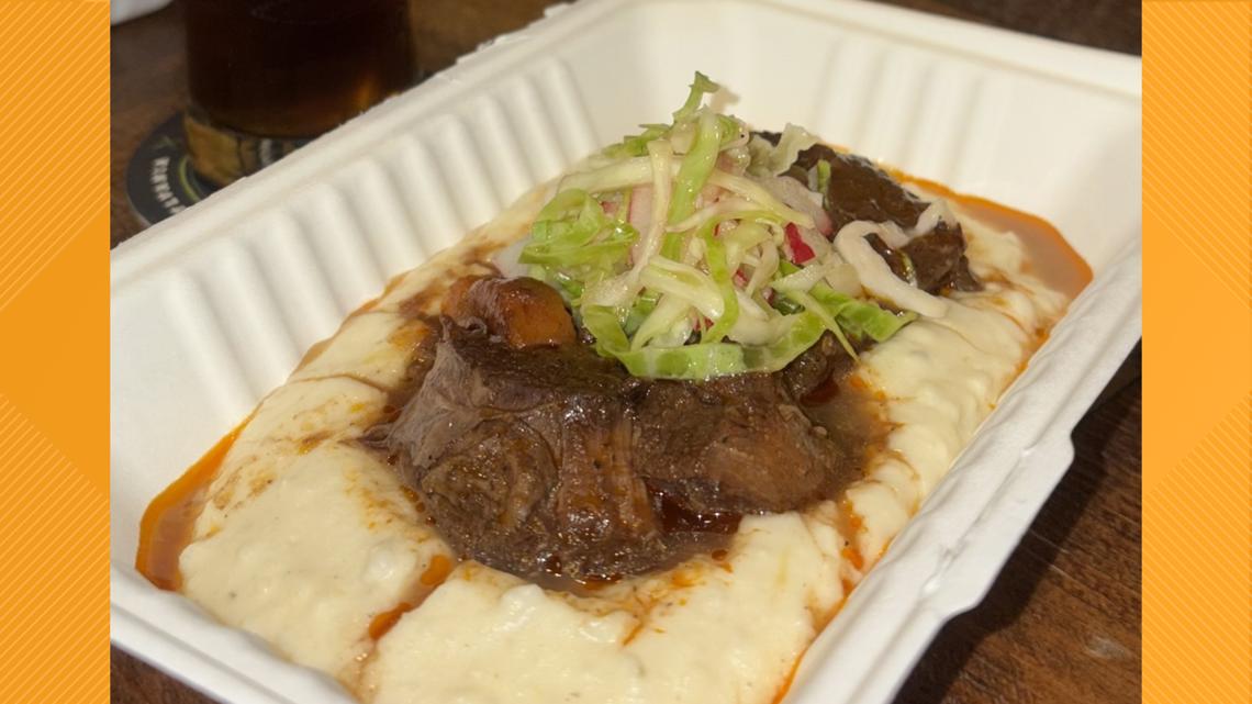 Chellas Arepa Kitchen makes a cheesy pozole mash with slow roasted beef