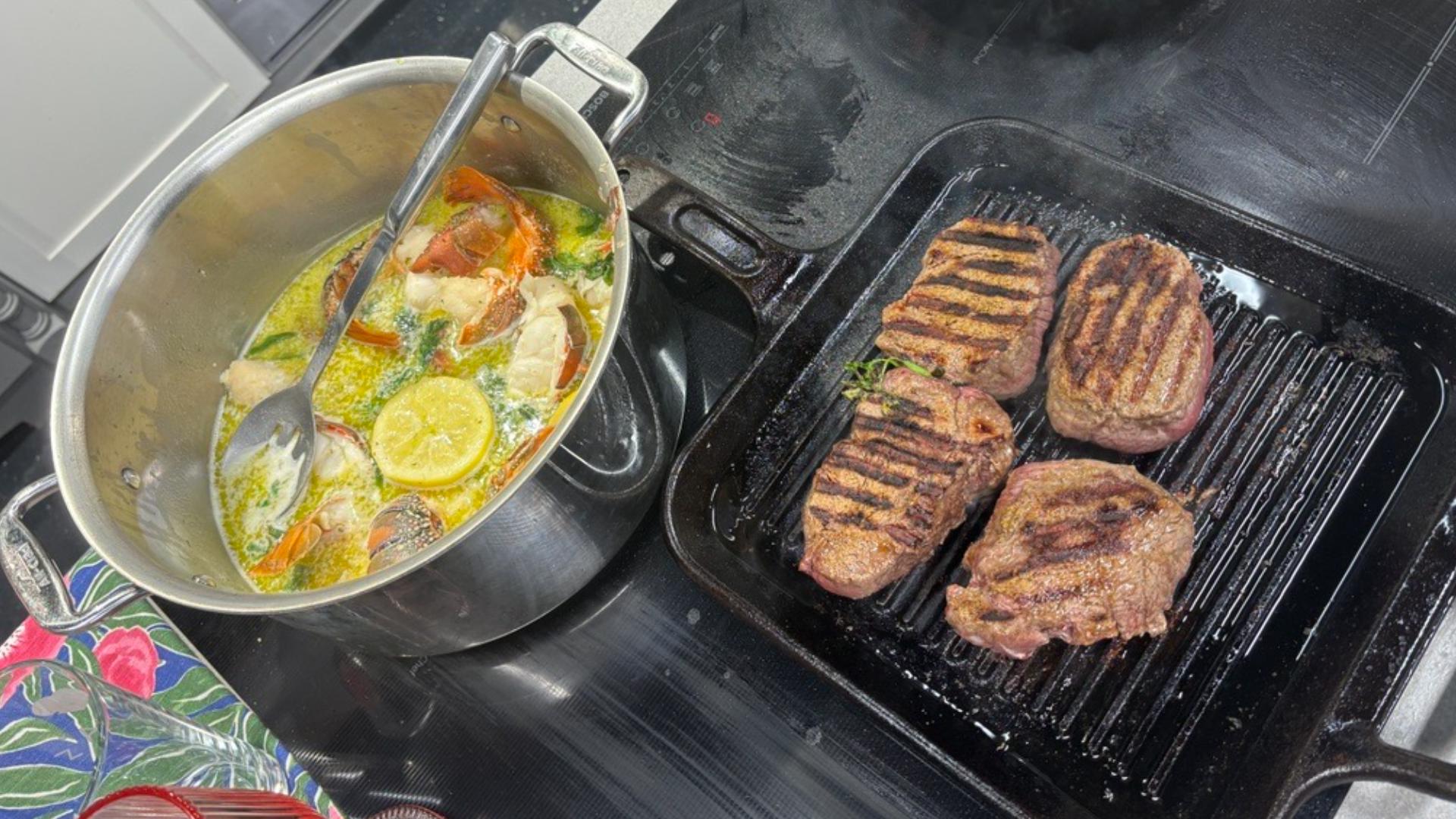 This classic meal features fire-grilled fillet mignon and lobster tail and is elevated with angel hair pasta in a lemon champagne infused cream sauce.